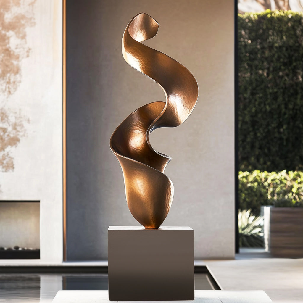  Essence Spiral abstract bronze sculpture with polished antique finish, featuring a twisting modern design for indoor or outdoor placement.