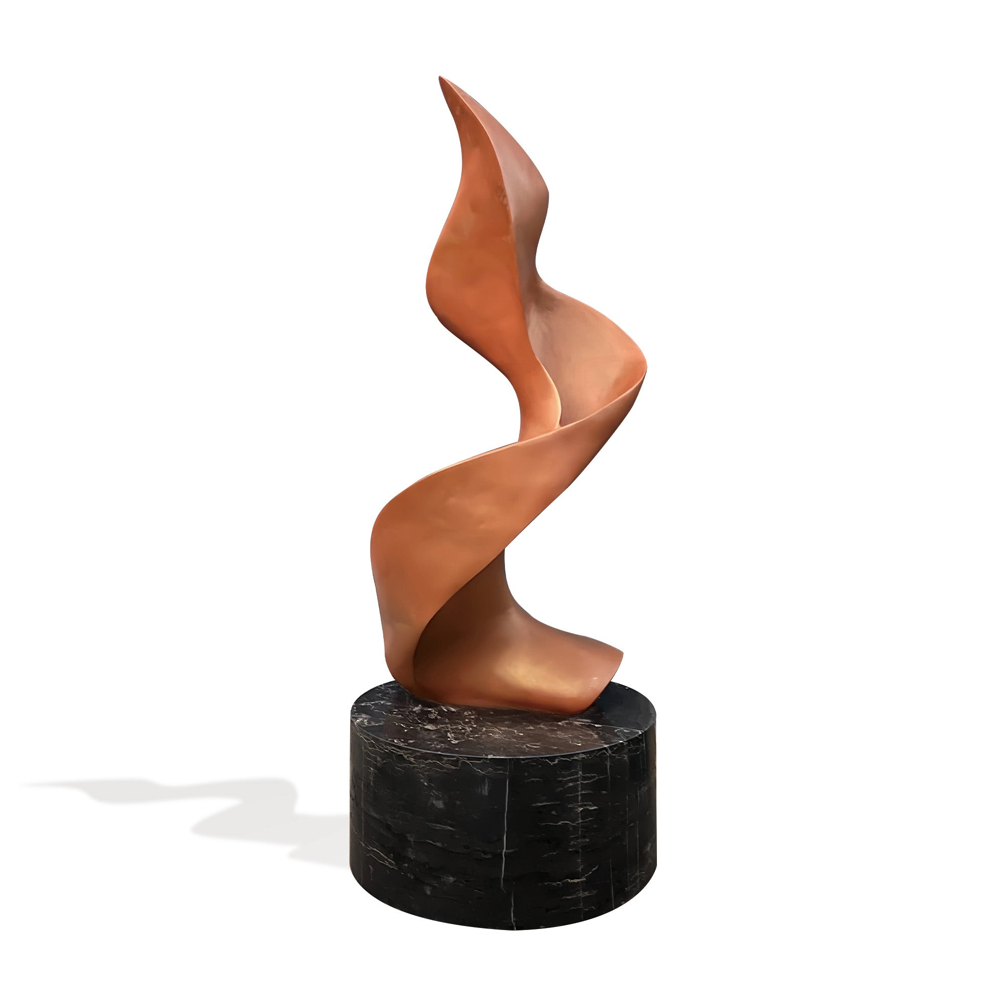 Close-up of a bronze twist sculpture on a black marble base, showcasing its elegant curves and contemporary design in a minimalist setting