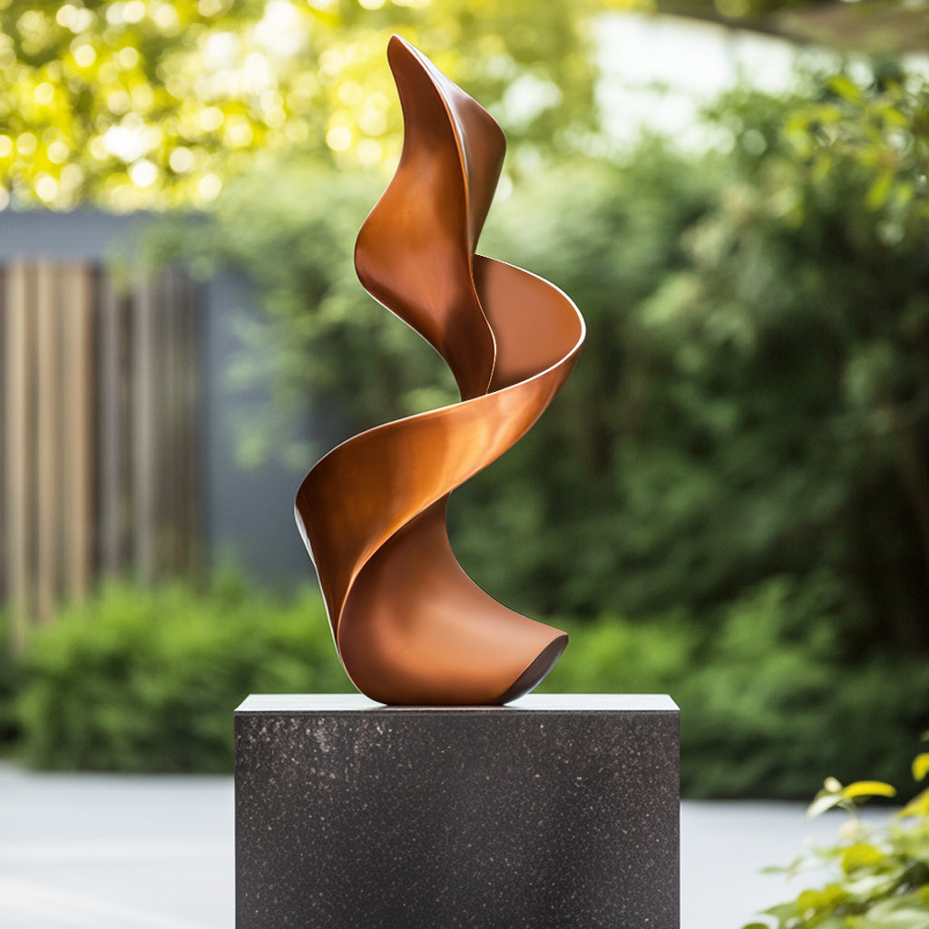 Celestial Fold bronze sculpture with upward spiral form and satin-polished finish, designed for indoor or outdoor display in modern settings.