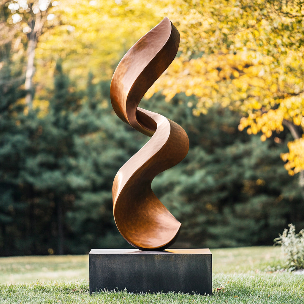 Ethereal Rise bronze sculpture with vertical spiral twist and hammered satin finish, designed for indoor and outdoor modern art display.