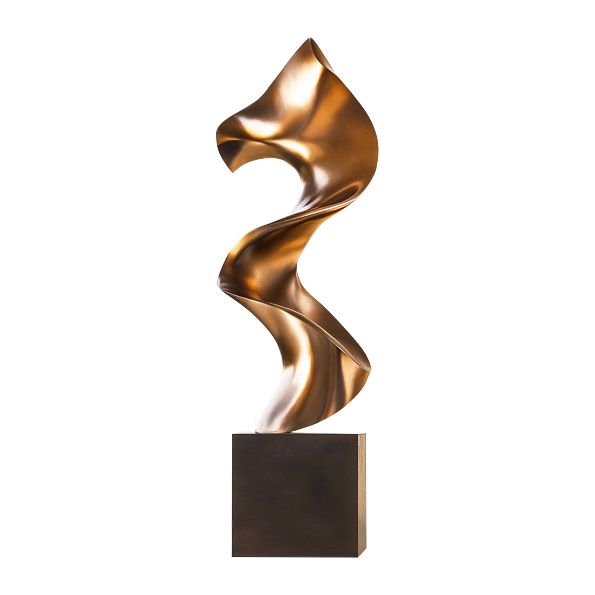 Radiant Surge bronze abstract sculpture with tall, twisting design and polished finish,
