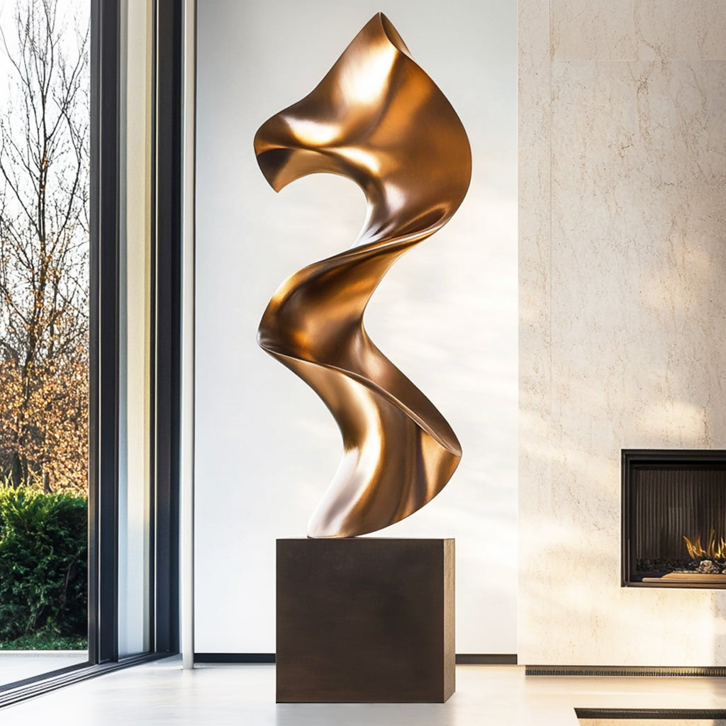 Radiant Surge bronze abstract sculpture with tall, twisting design and polished finish, ideal for indoor or outdoor display in modern spaces.