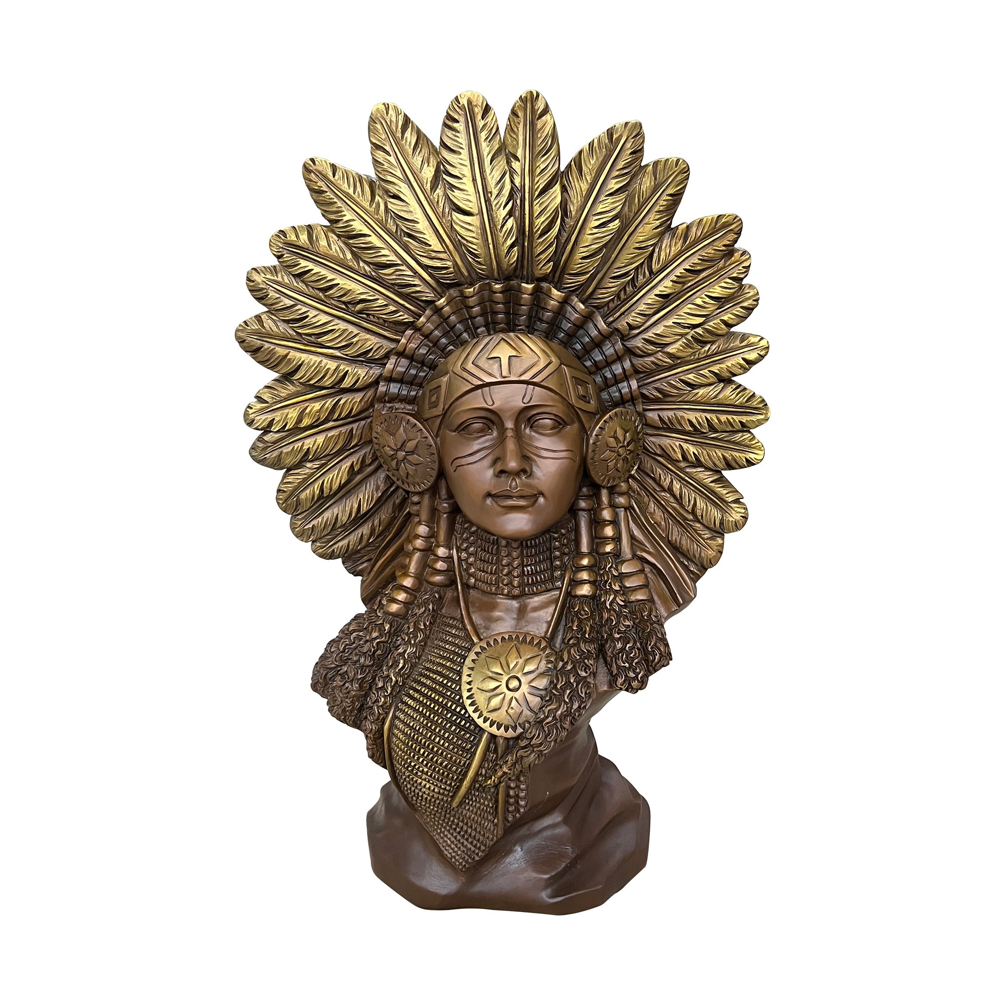 Bronze sculpture of Native American woman with ceremonial attire and detailed braids, symbolizing strength and cultural pride