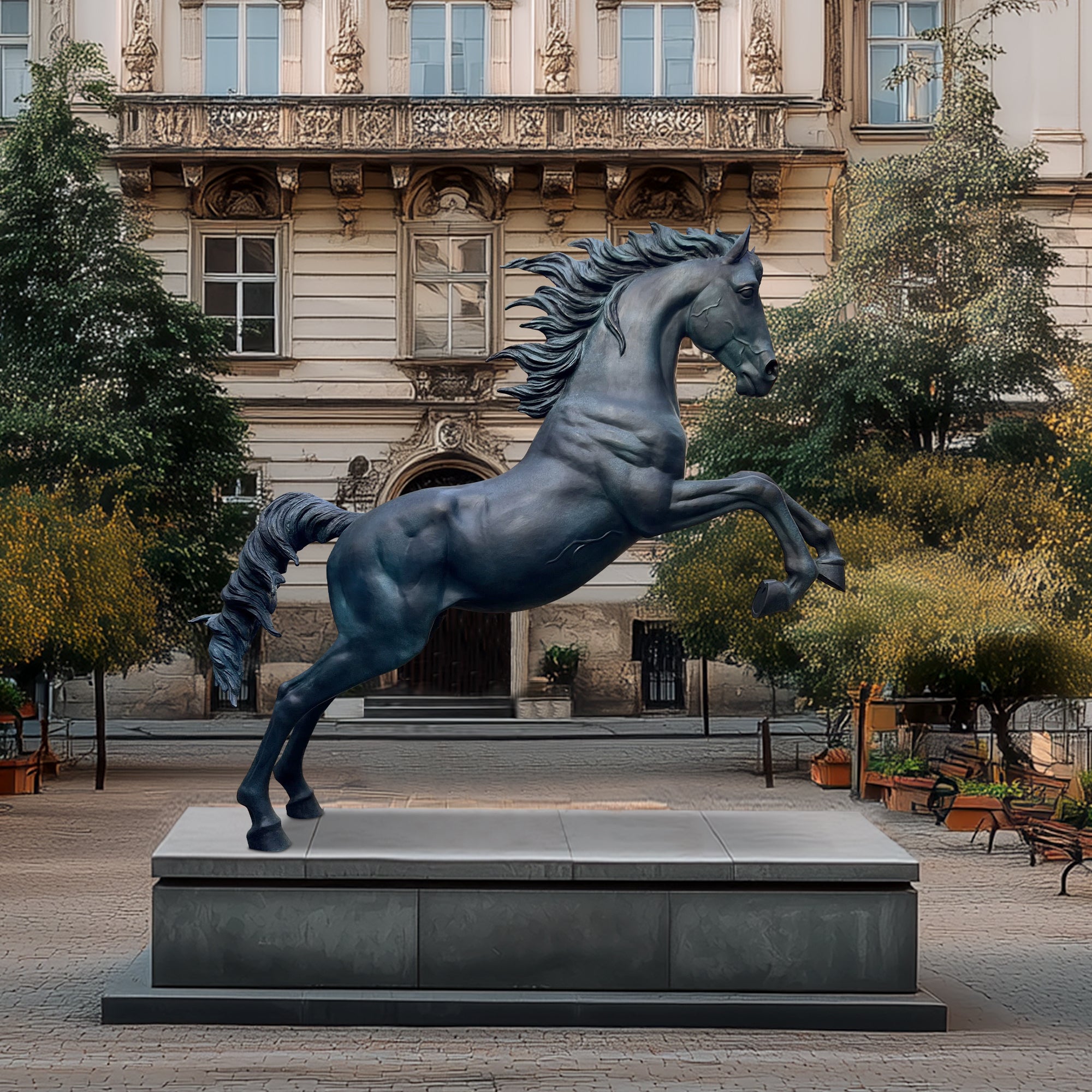 Bronze horse sculpture in explosive pose with realistic anatomy, coiled limbs, and dynamic mane, ready to leap forward