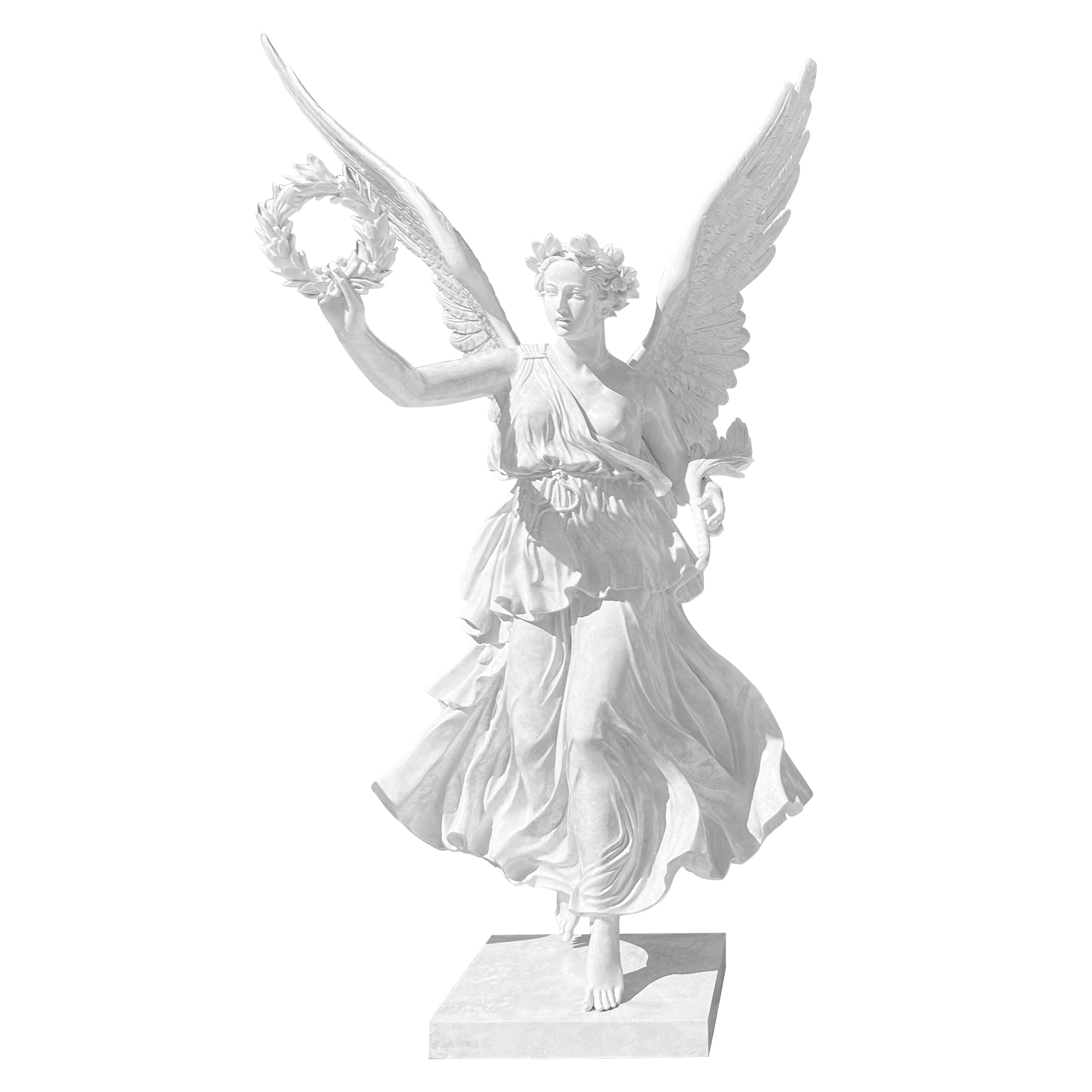 Elegant white polished bronze sculpture of Roman goddess Victoria holding a palm branch and laurel wreath, symbol of peace and victory.
