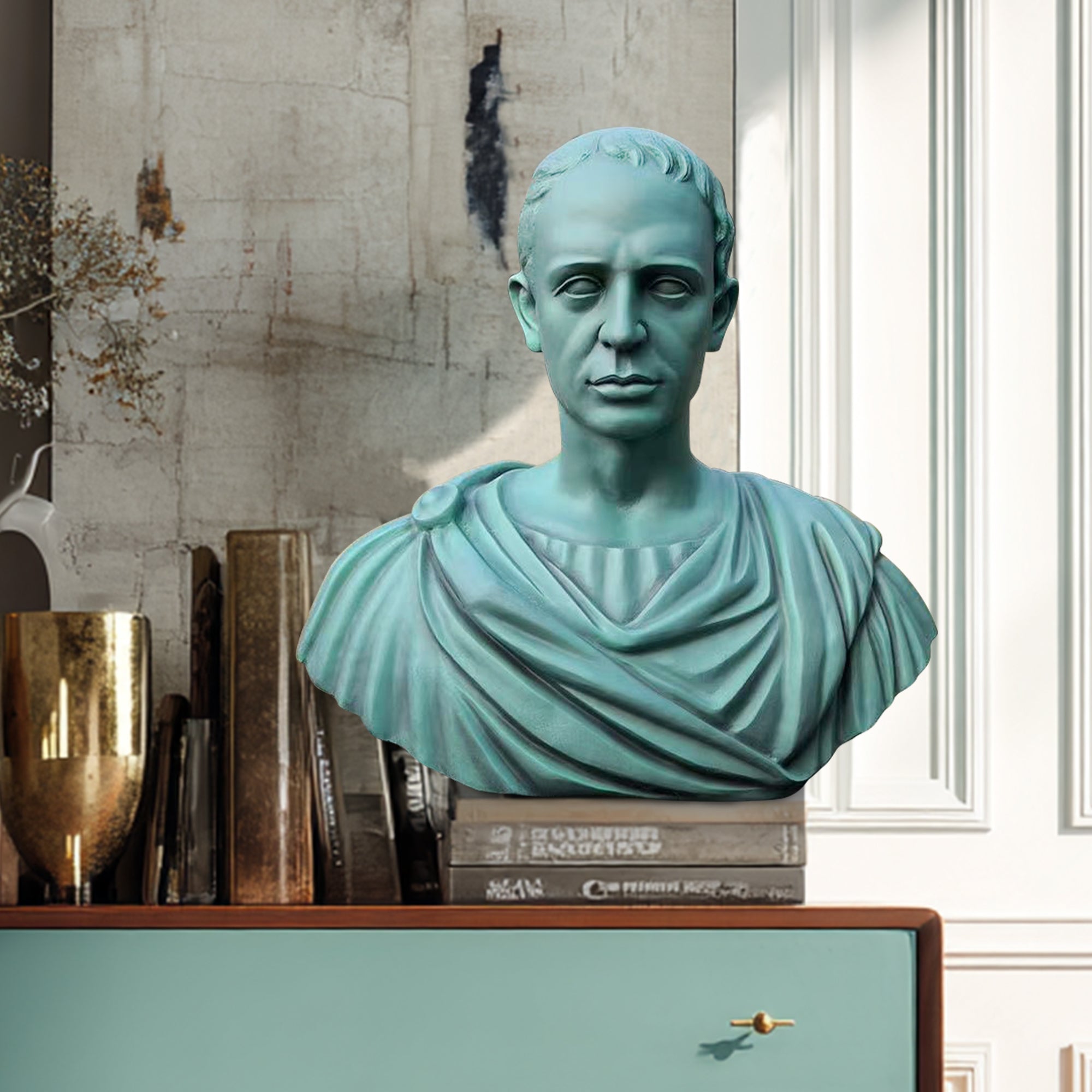 Catullus bronze bust sculpture of ancient Roman poet displayed on book shelf                               
