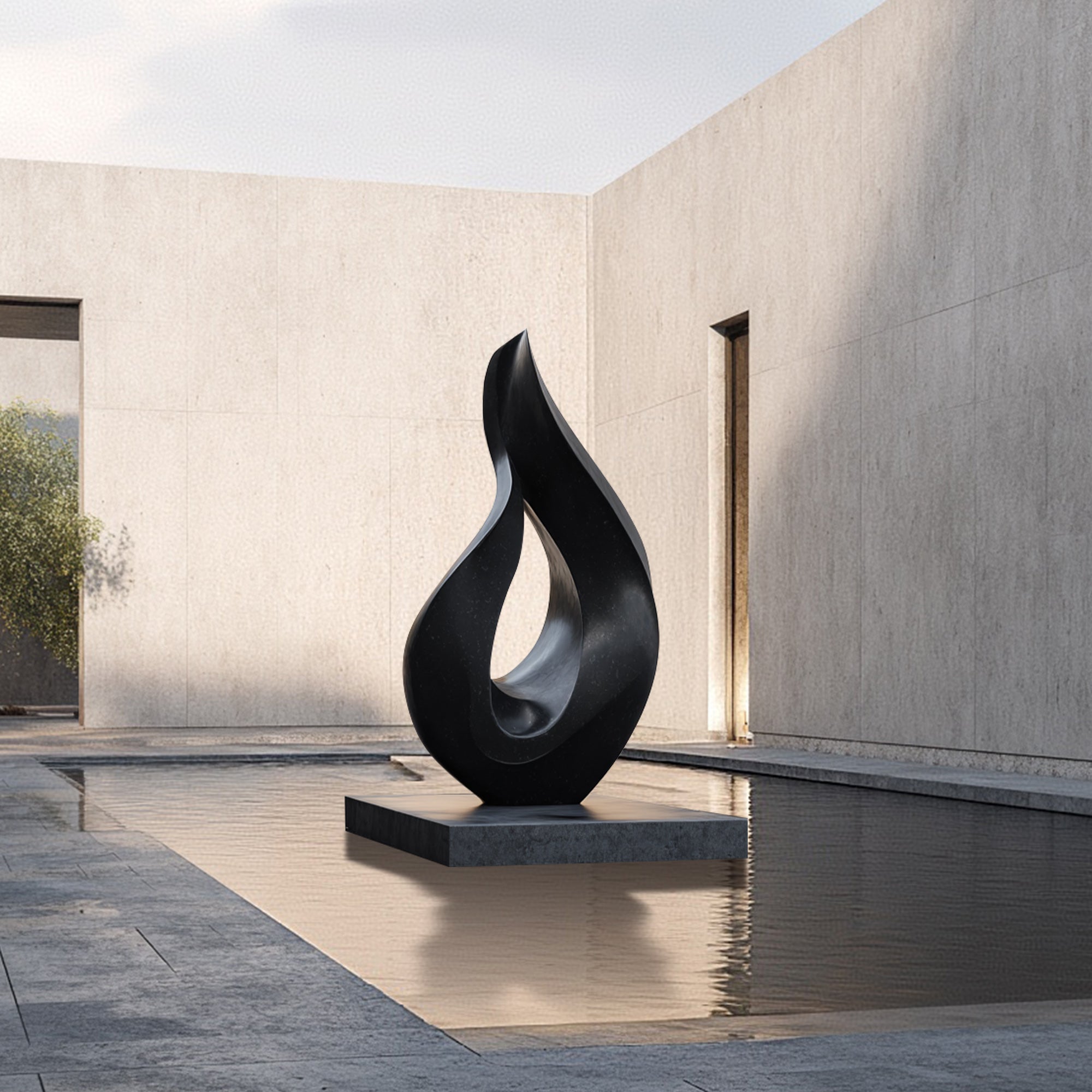 Modern black sculpture in a minimalist outdoor setting with water and concrete walls.