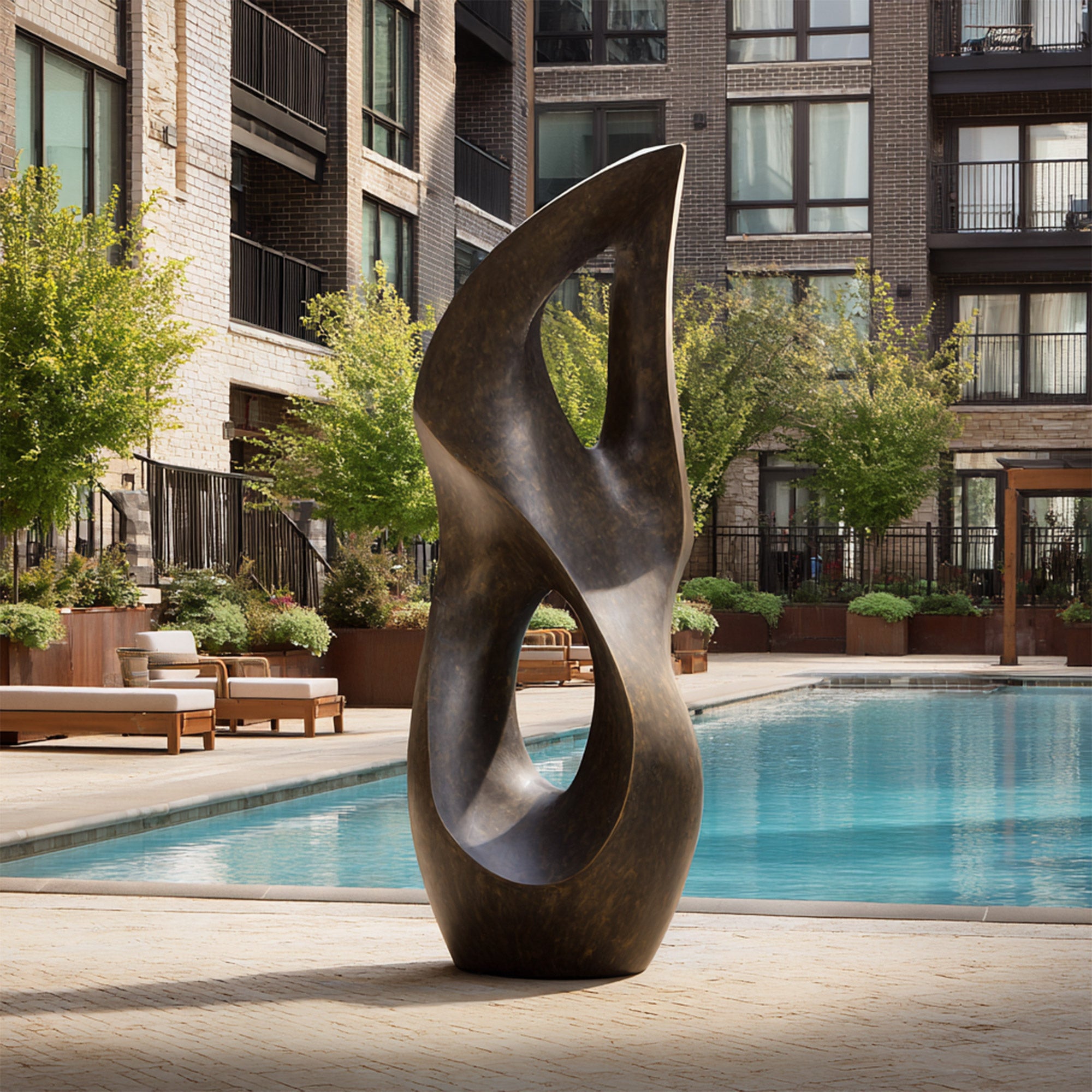 Bronze Abstract sculpture by a pool with residential building in the background