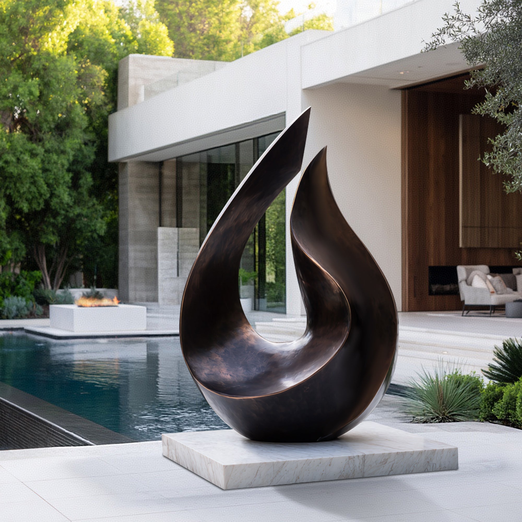 Modern abstract bronoze sculpture in front of a contemporary house with a pool