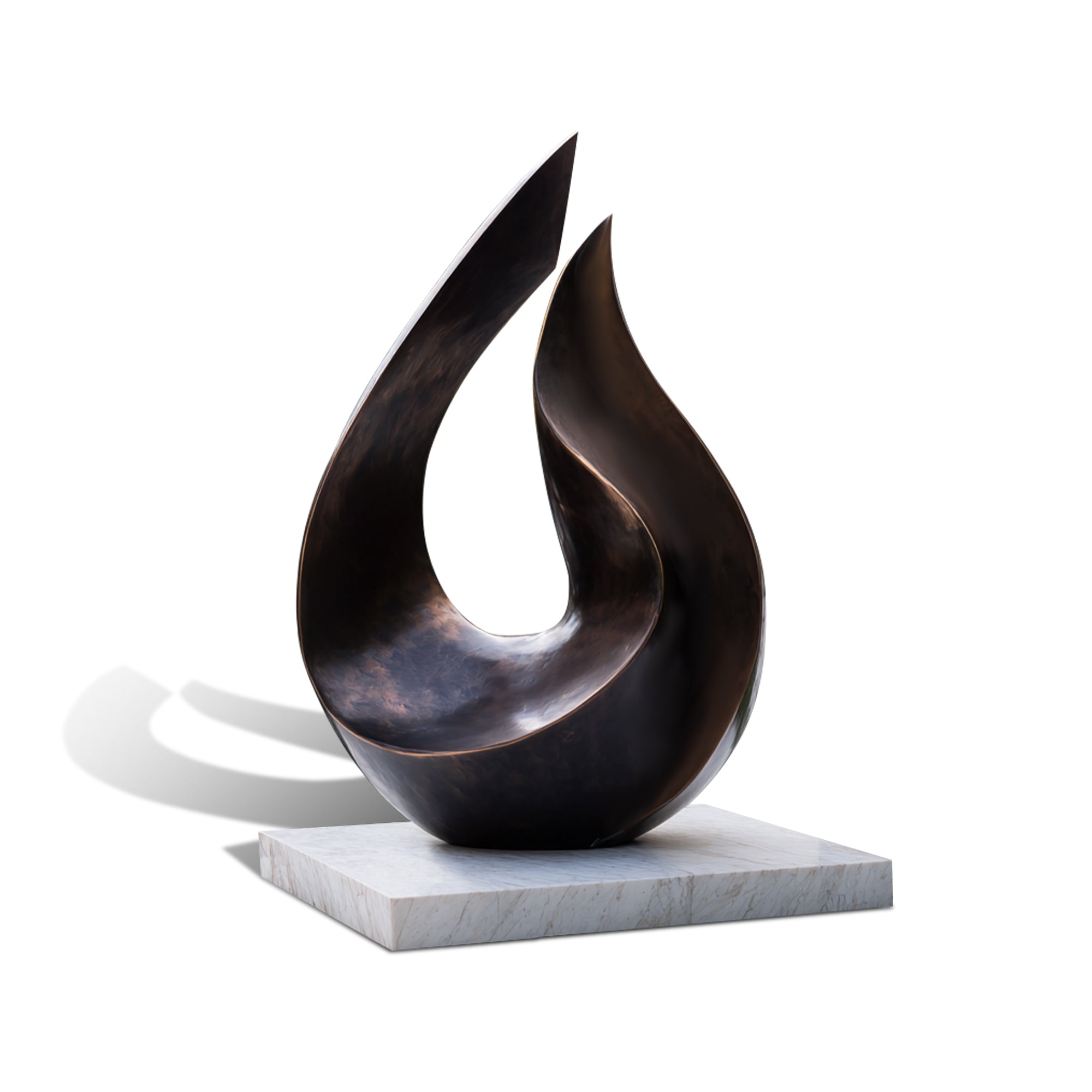 Abstract bronze sculpture on a marble base with a white background