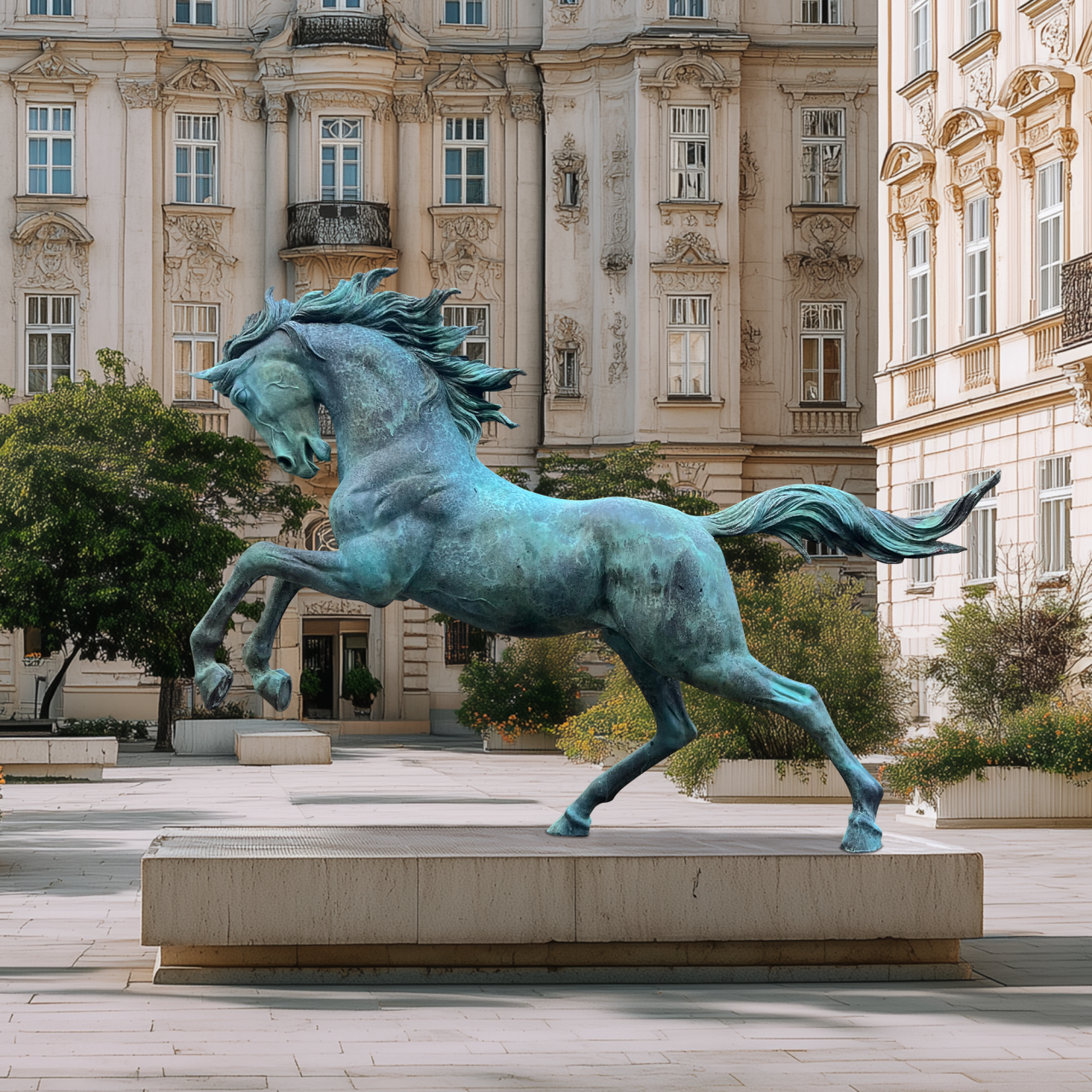 Rearing bronze horse sculpture with green patina installed in a European-style outdoor courtyard