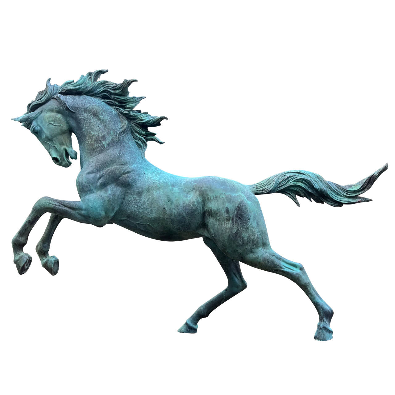 Rearing bronze horse sculpture with green patina white backgroud