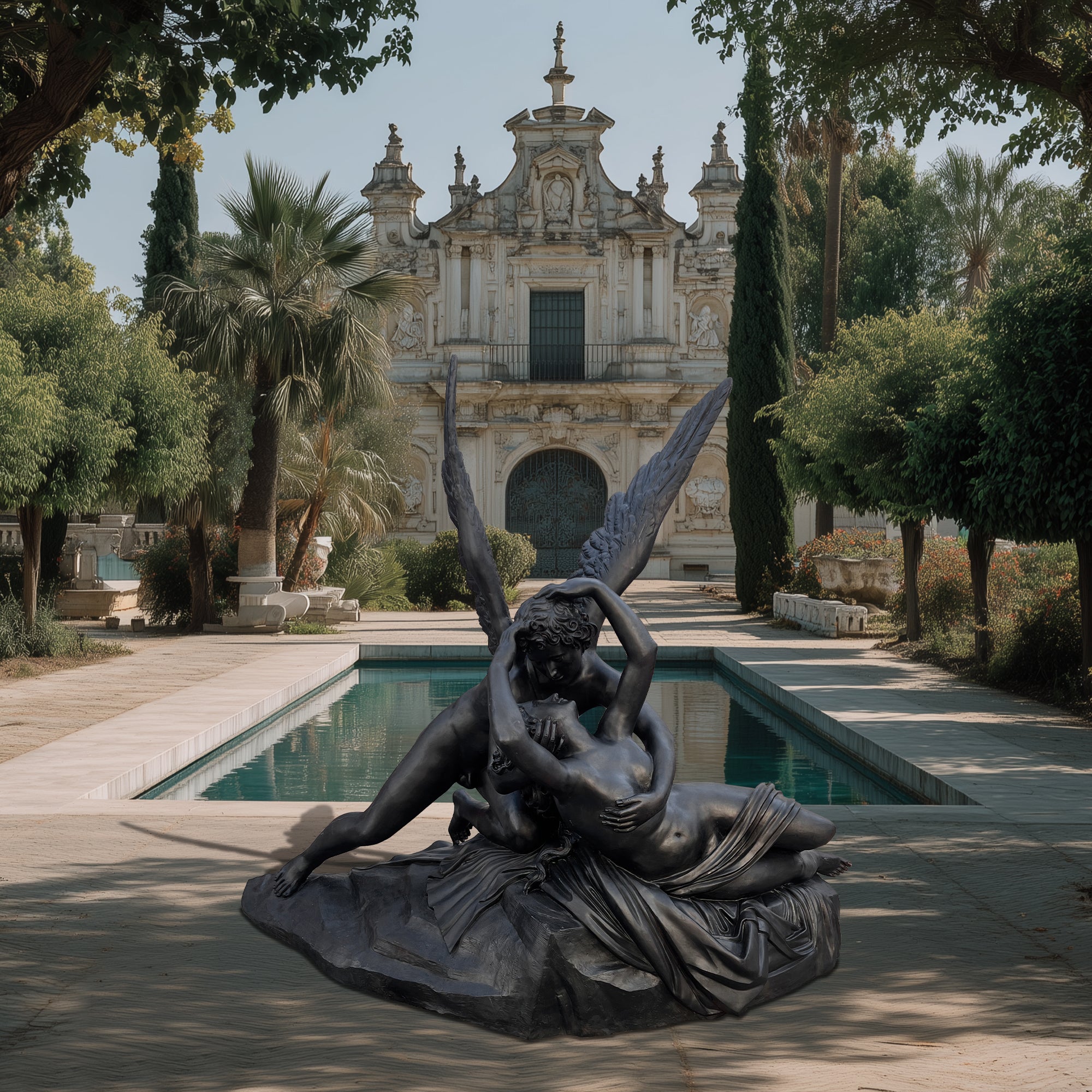 Romantic bronze sculpture of Cupid and Psyche placed near a reflecting pool in a classical European garden.