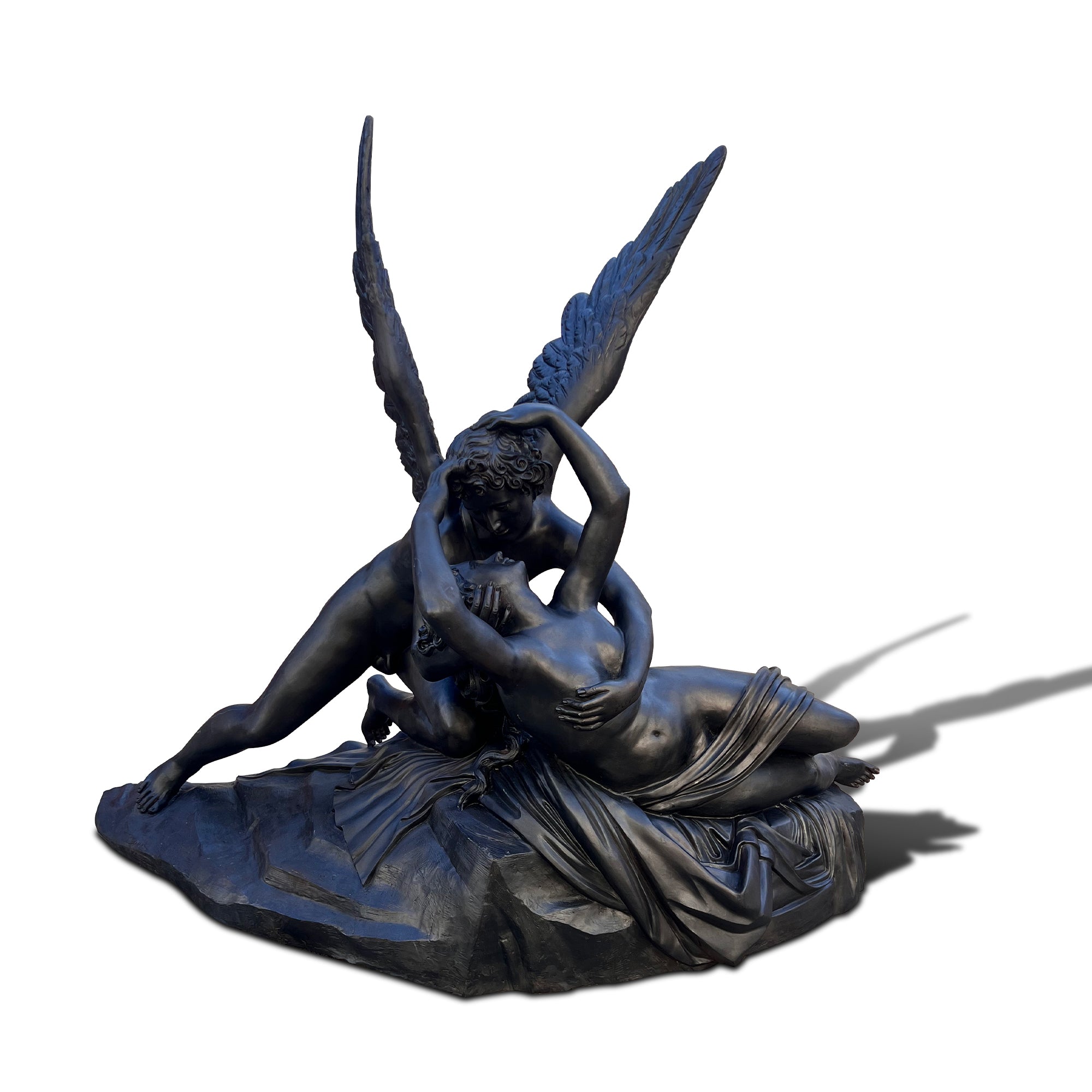 Outdoor bronze art of Cupid and Psyche white background