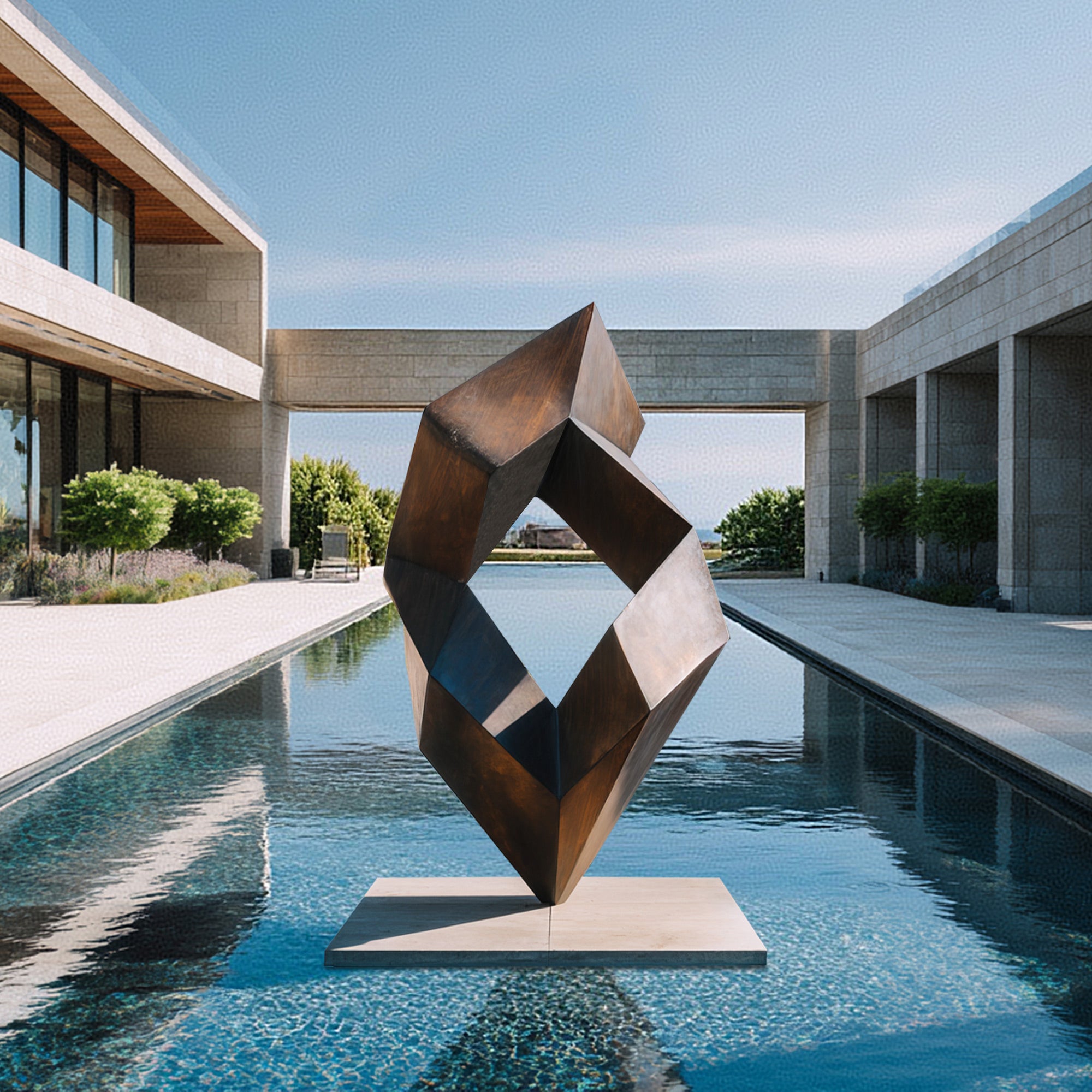 Modern Bronze sculpture by a pool with a building in the background