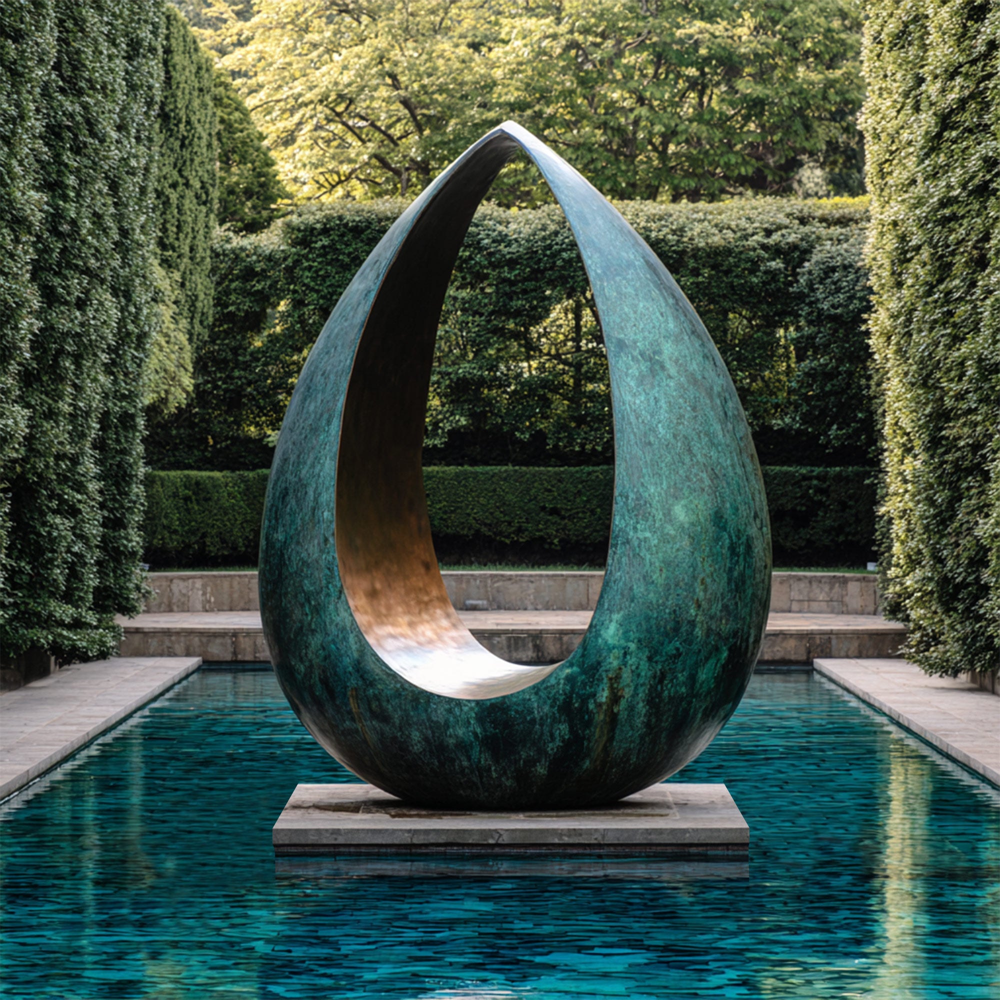 Large bronze abstract sculpture resembling a teardrop in a pool with greenery in the background