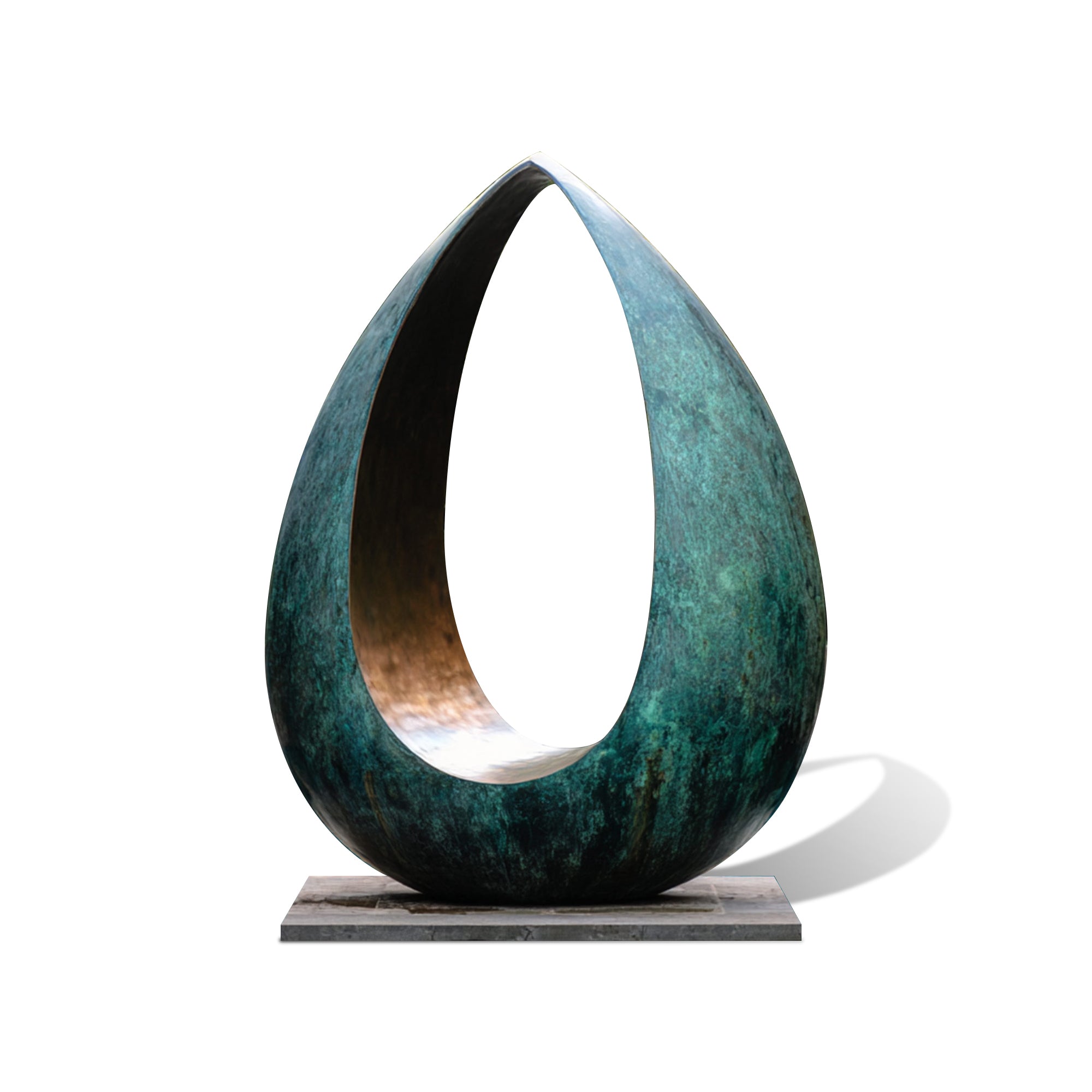 Abstract bronze sculpture with teardrop shape on a white background