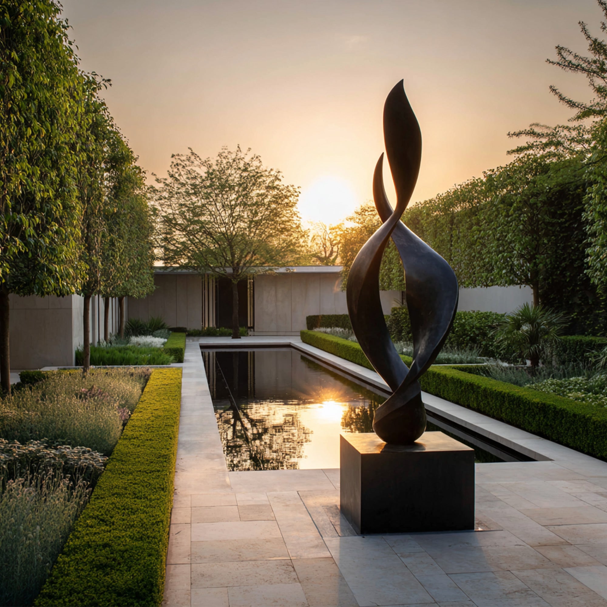 Modern bronze sculpture by a pool with a sunset in the background