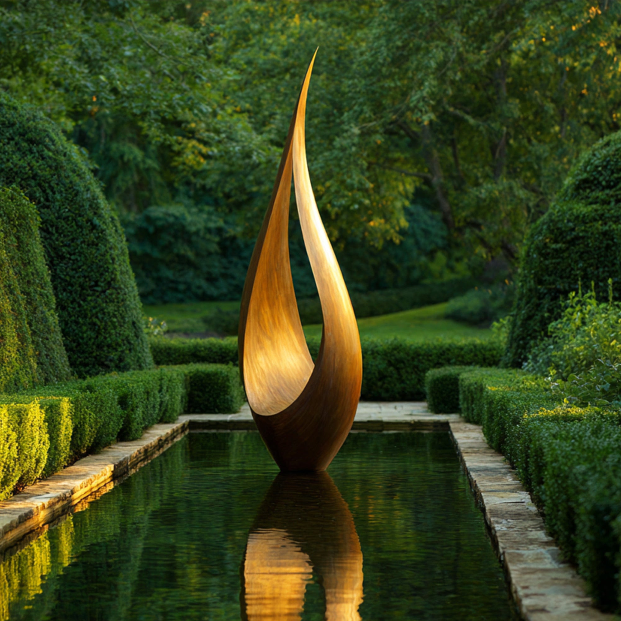 "Golden Flame" Bronze Art Sculpture in a garden setting