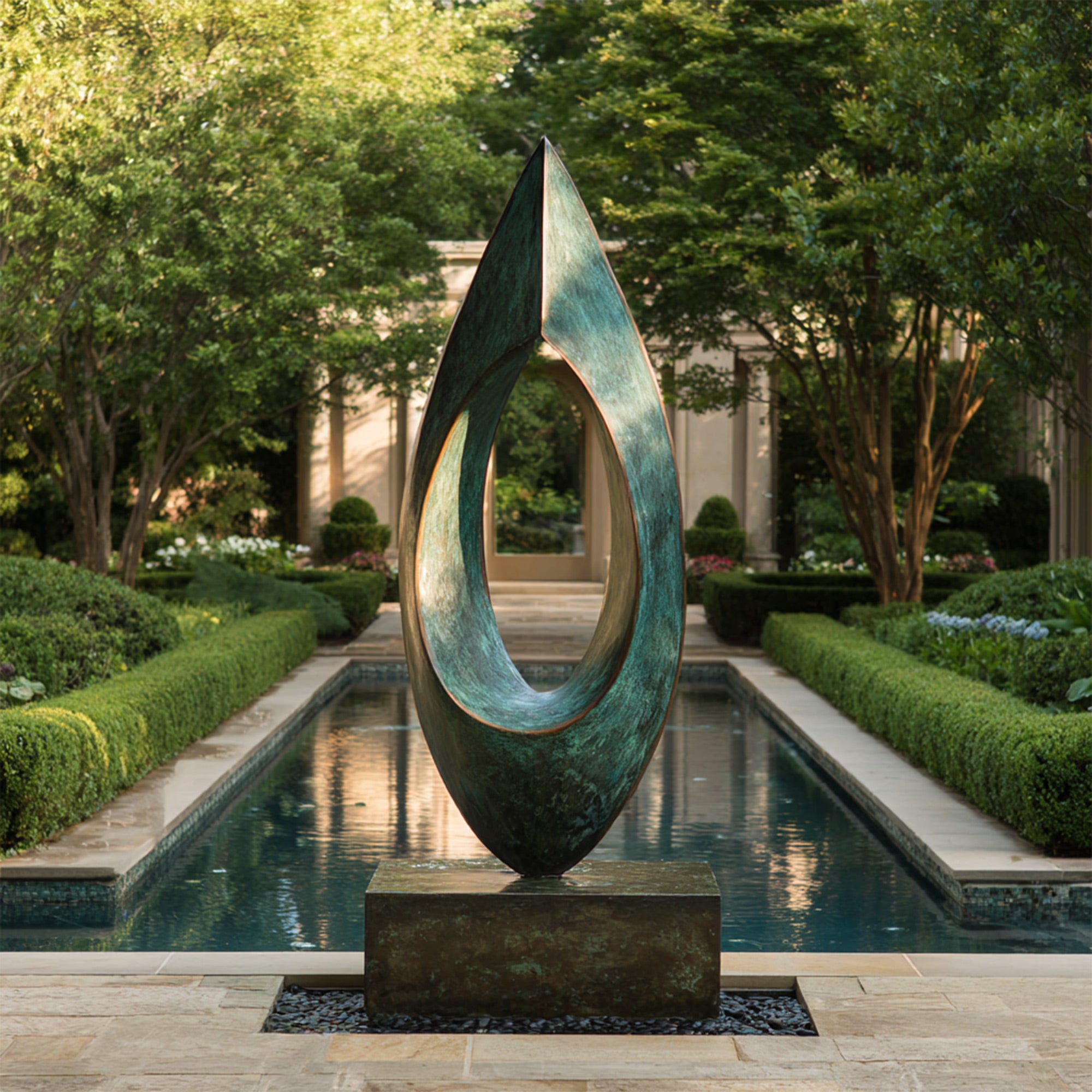 Abstract bronze art sculpture by a pool with greenery in the background
