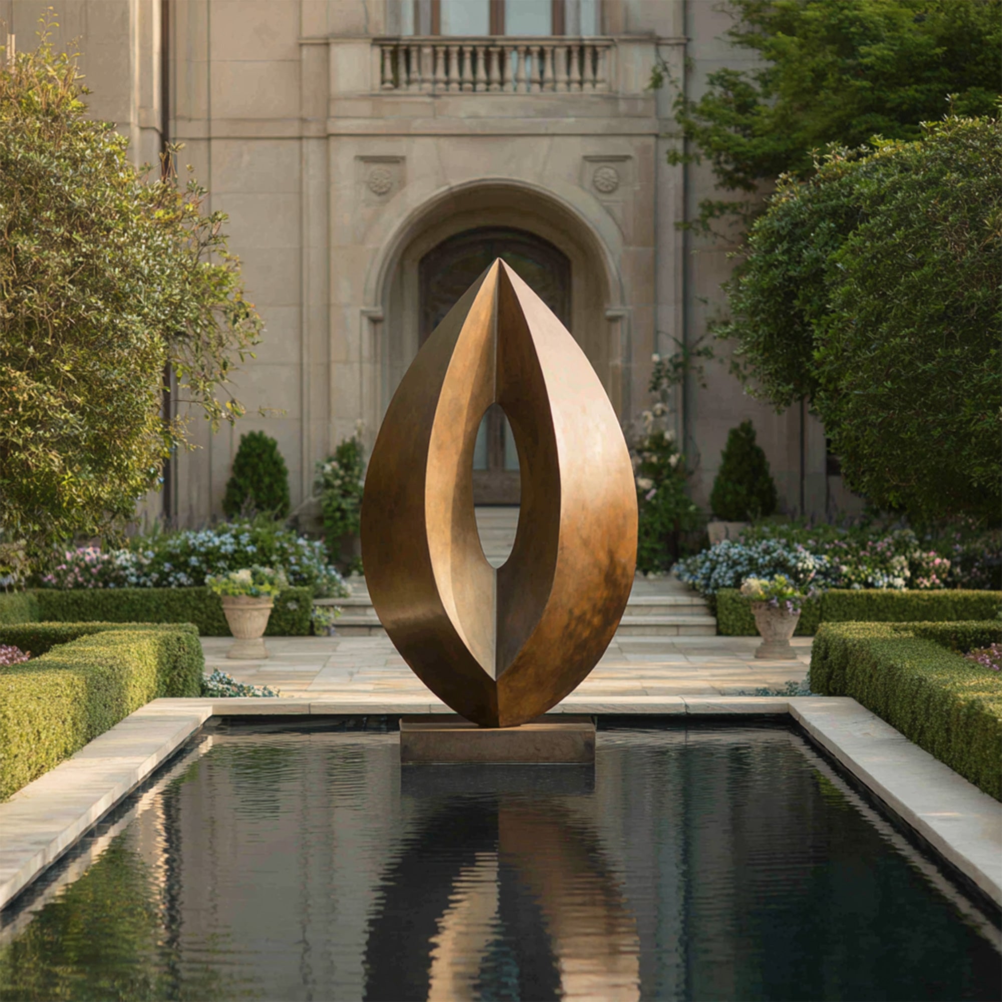 Bronze sculpture in a garden setting with a building and trees in the background