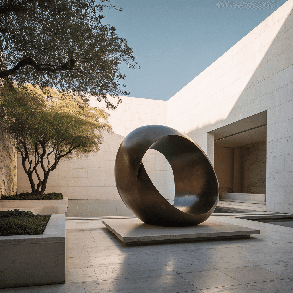 Modern abstract bronze ring sculpture in front of a minimalist building with trees in the background