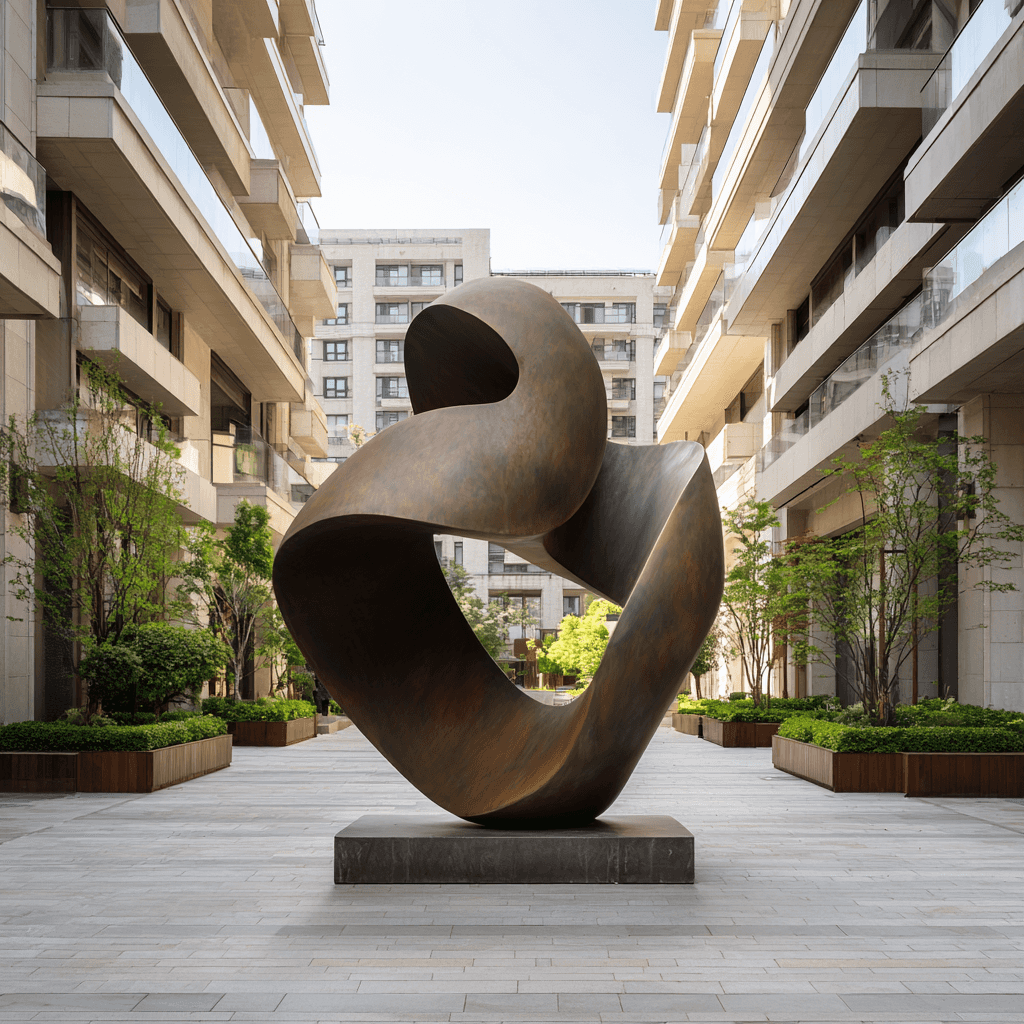 Abstract bronze sculpture art in an urban setting with modern buildings and greenery.