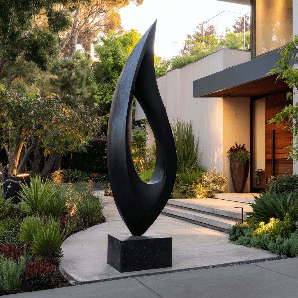 bronze black sculpture in a yard