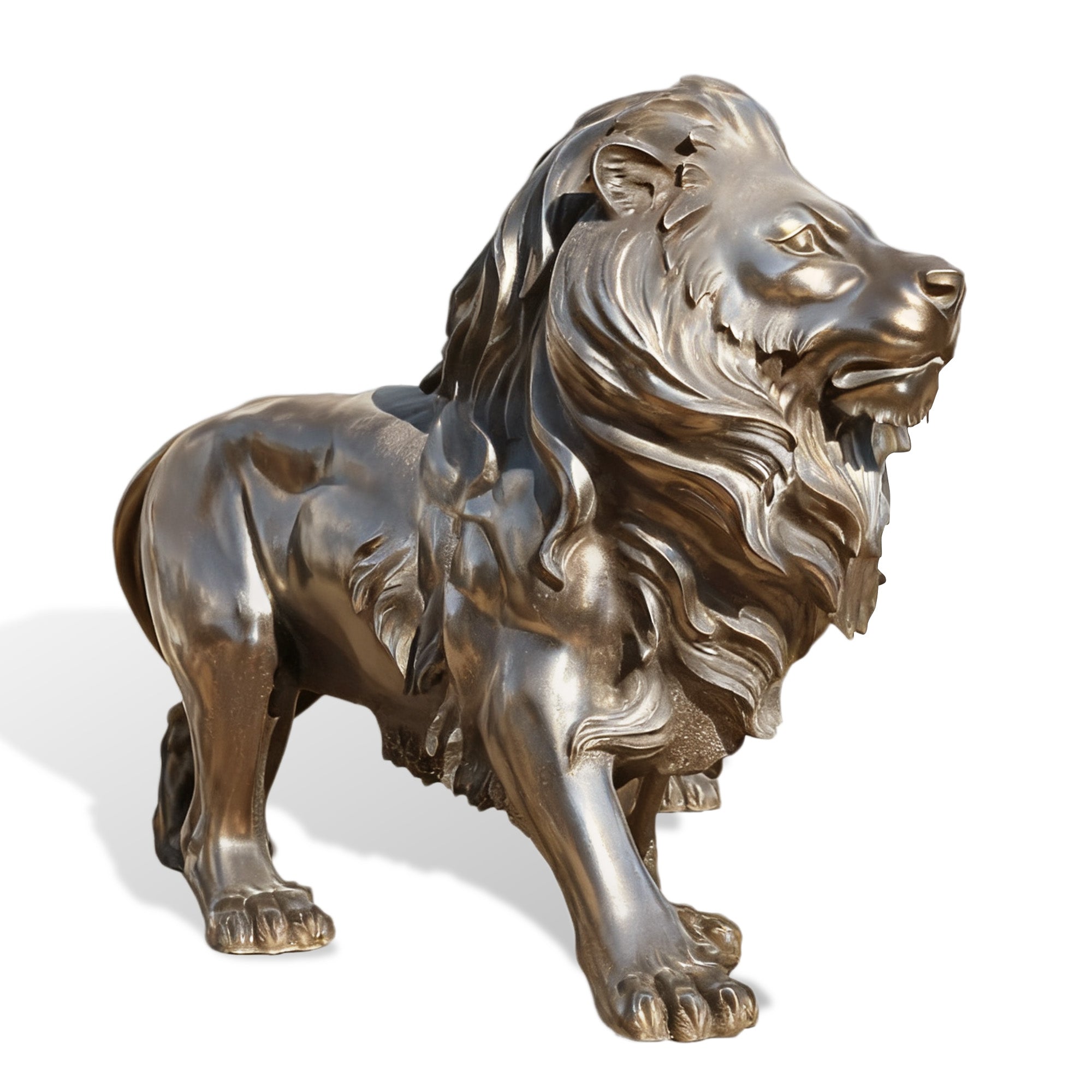 Bronze lion statue close front right angle with classical style, designed as an outdoor guardian for estates, gardens, and institutions in the USA