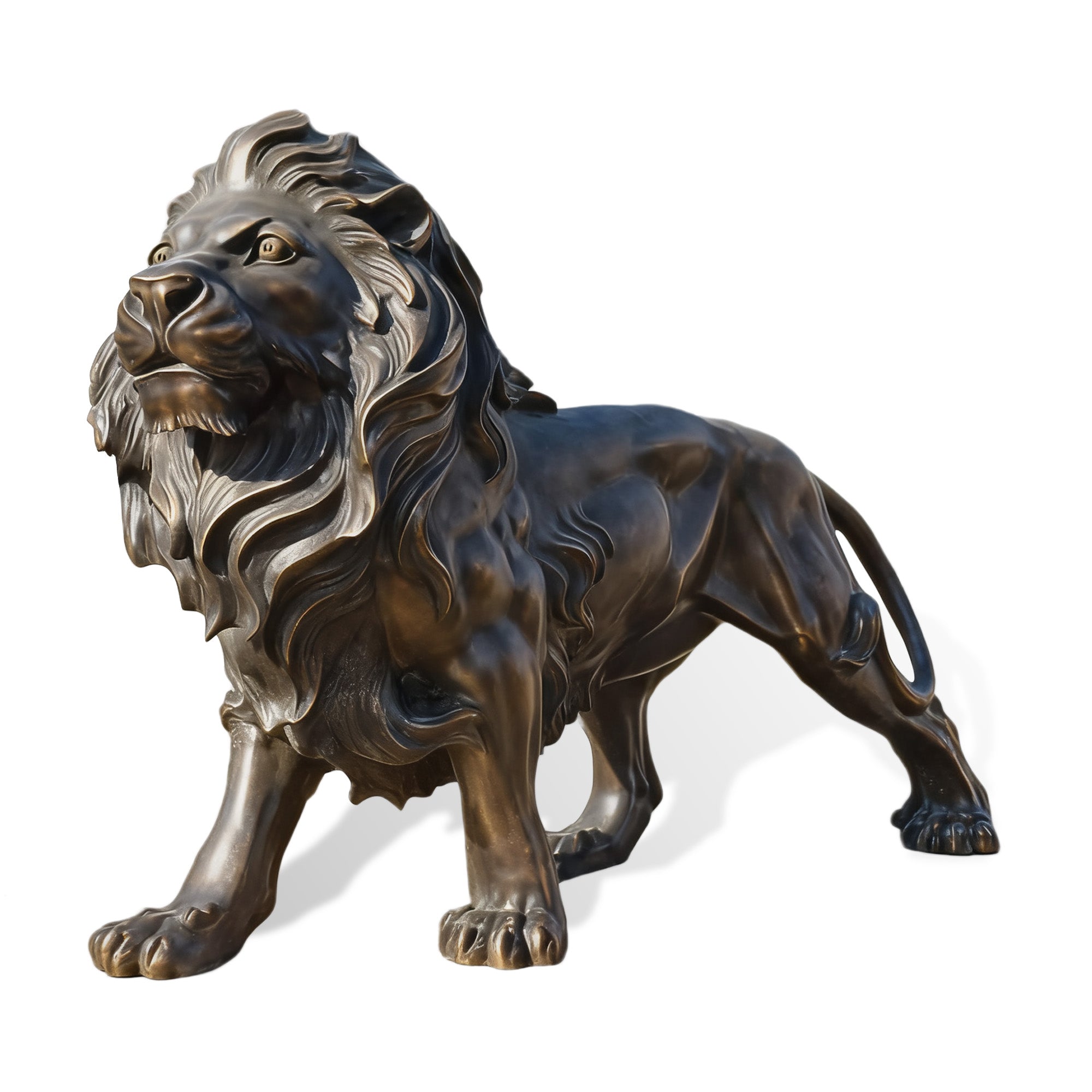 Front angle bronze roaring lion garden statue with dynamic expression, perfect for public art displays and memorial squares in the USA