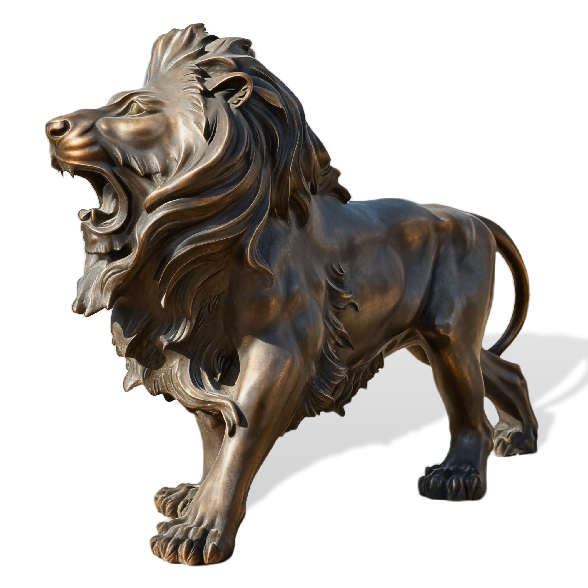 Bronze roaring lion statue close view from front left, crafted as a guardian sculpture for entrances and cultural landmarks in the USA