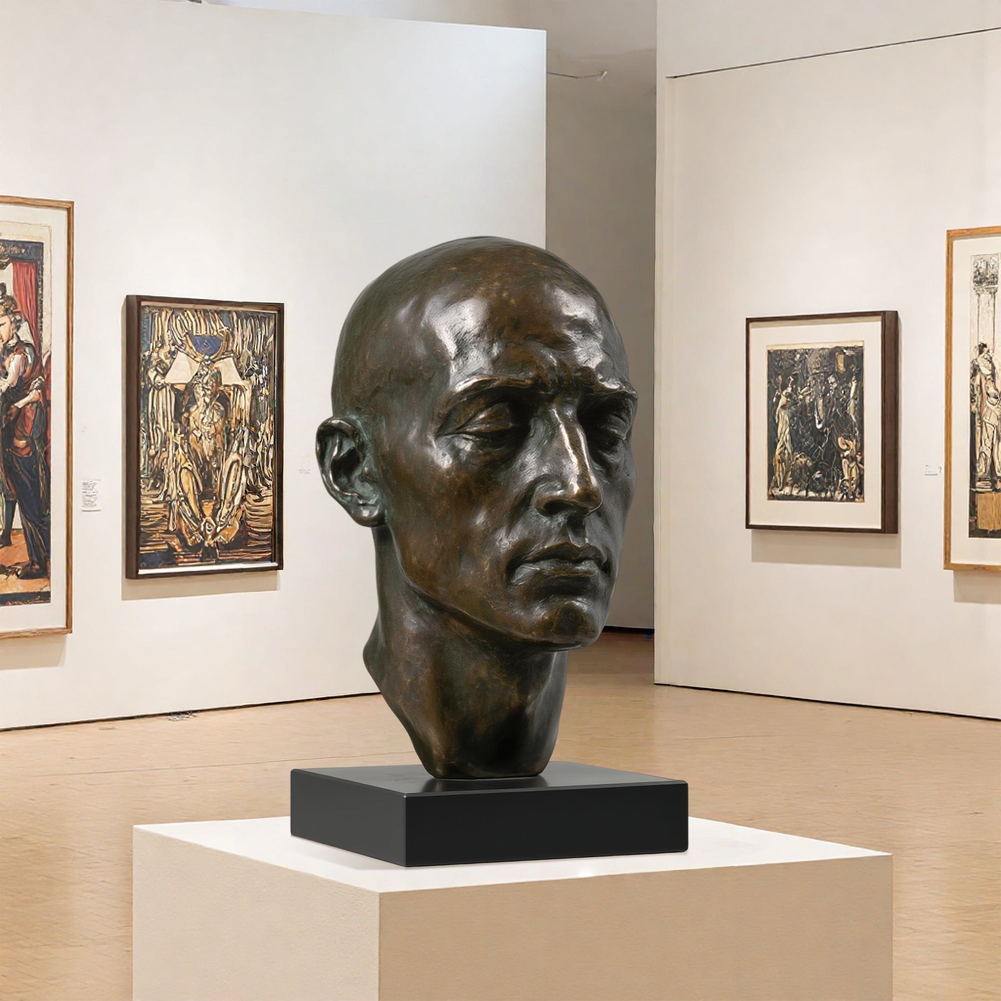 Bronze sculpture of a head on a pedestal in an art gallery with paintings on the walls.