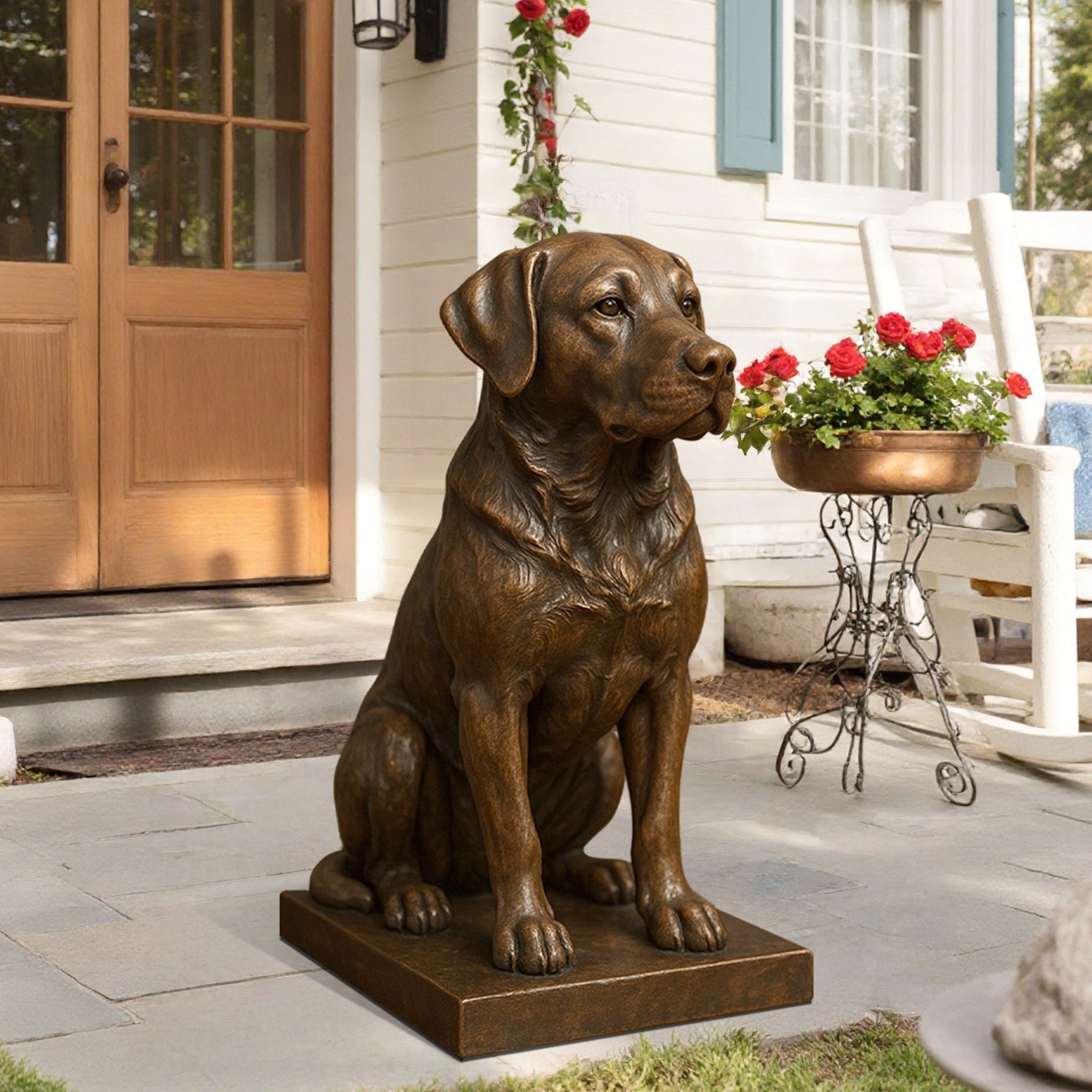Handcrafted bronze Labrador statue in a seated pose, perfect for gardens, entryways, and pet memorials. Showcasing realistic details and a rich patina finish, this sculpture symbolizes loyalty and protection.