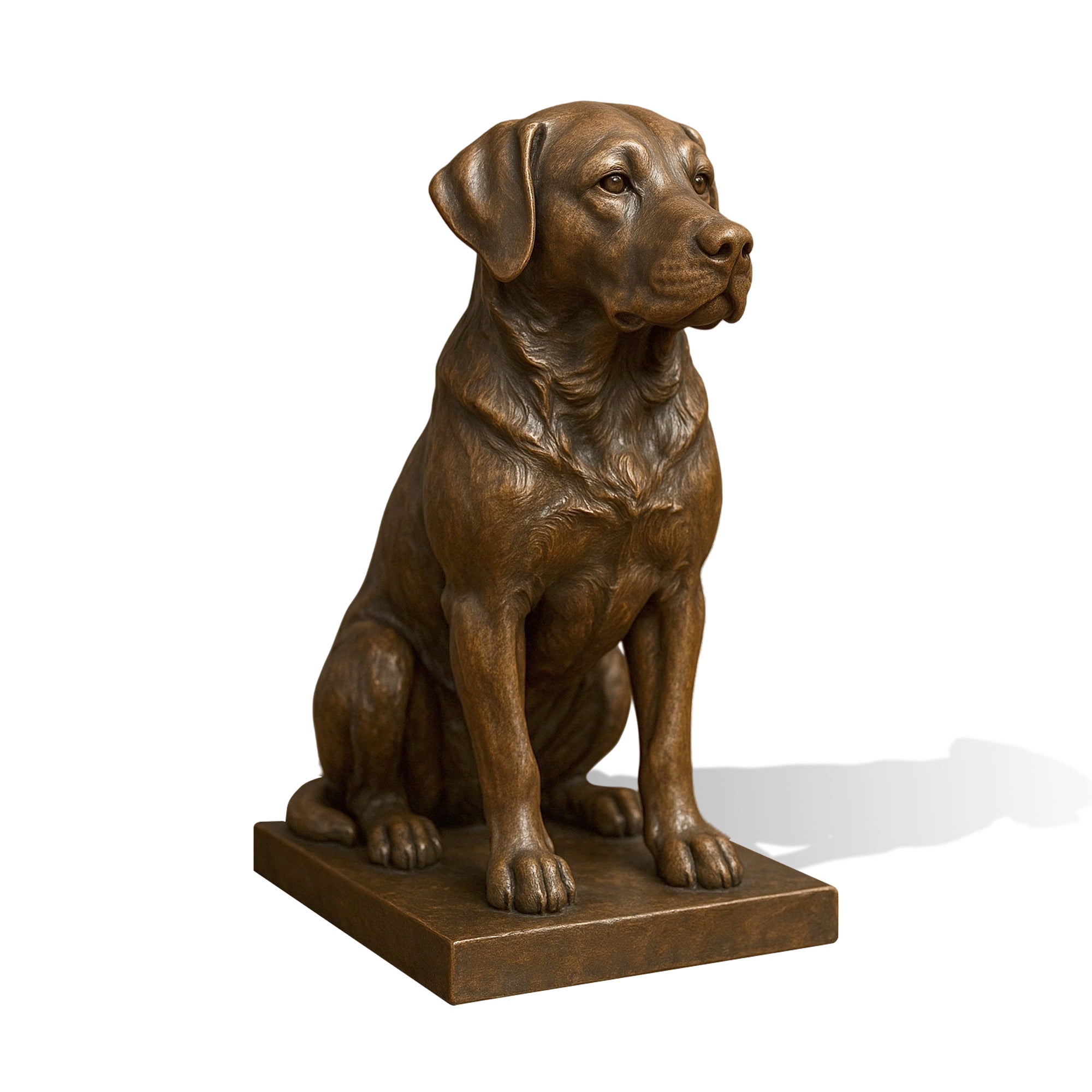Bronze Labrador dog sculpture in a seated pose on a white background, highlighting intricate details and realistic craftsmanship. Perfect for showcasing in yards.