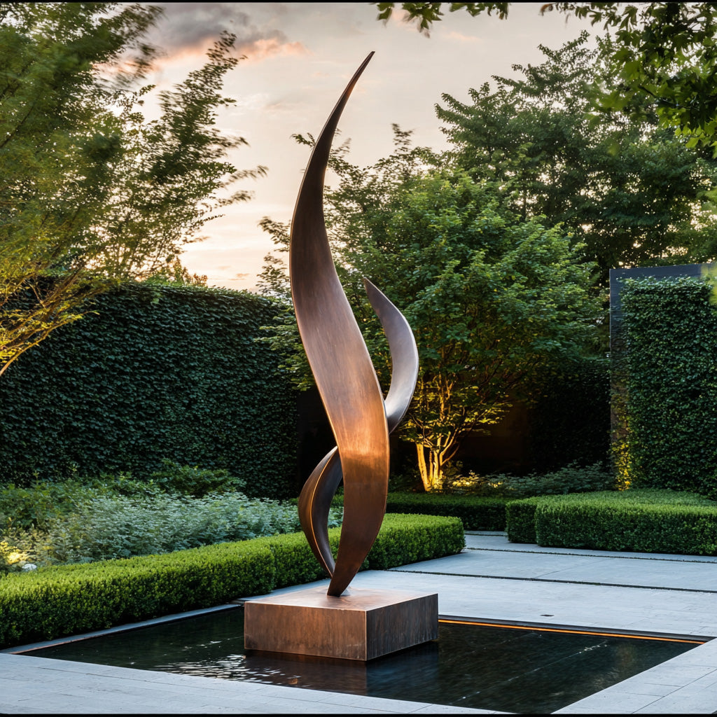 Abstract bronze sculpture in a garden setting with trees and a pond