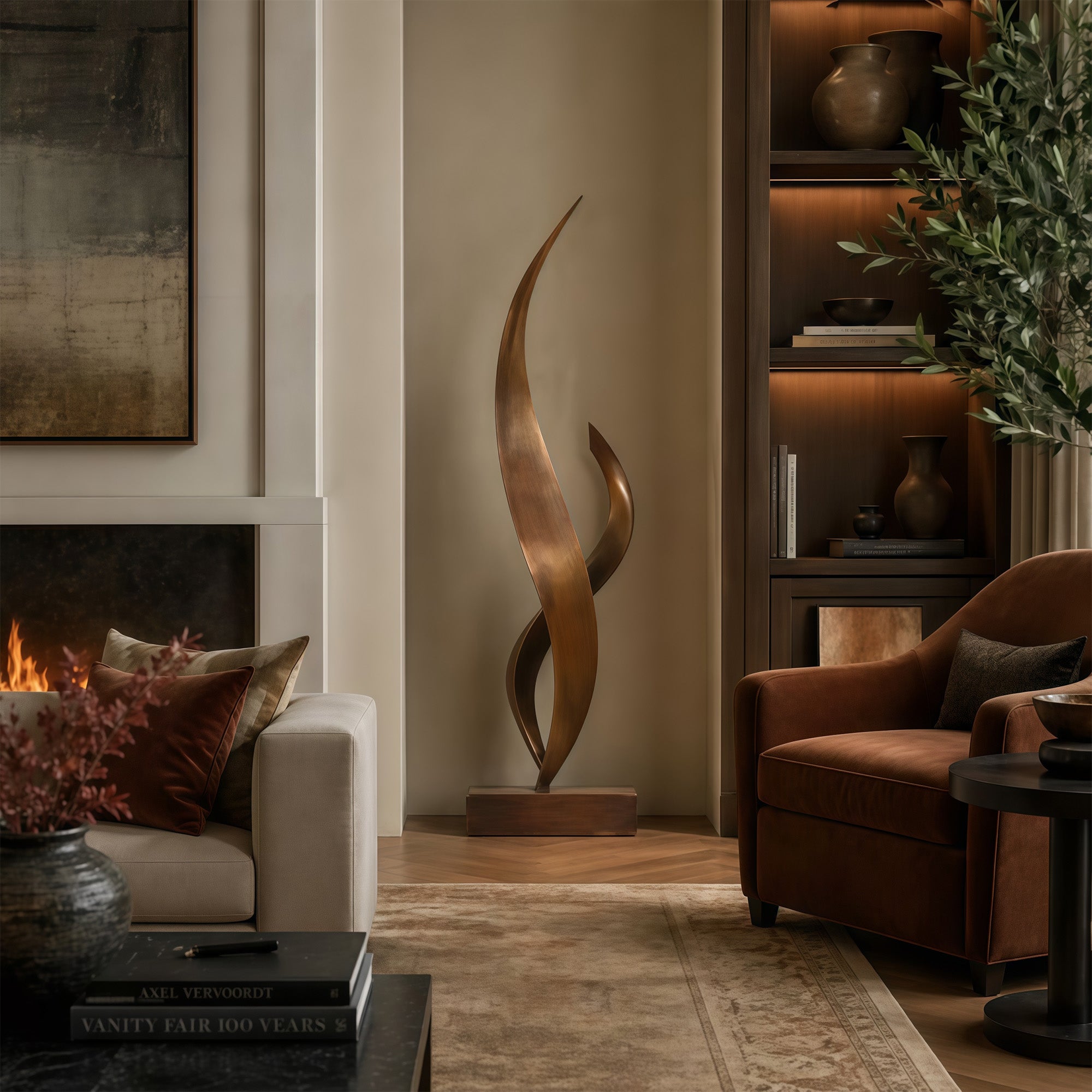 Modern living room with a fireplace, sculpture, and bookshelf.