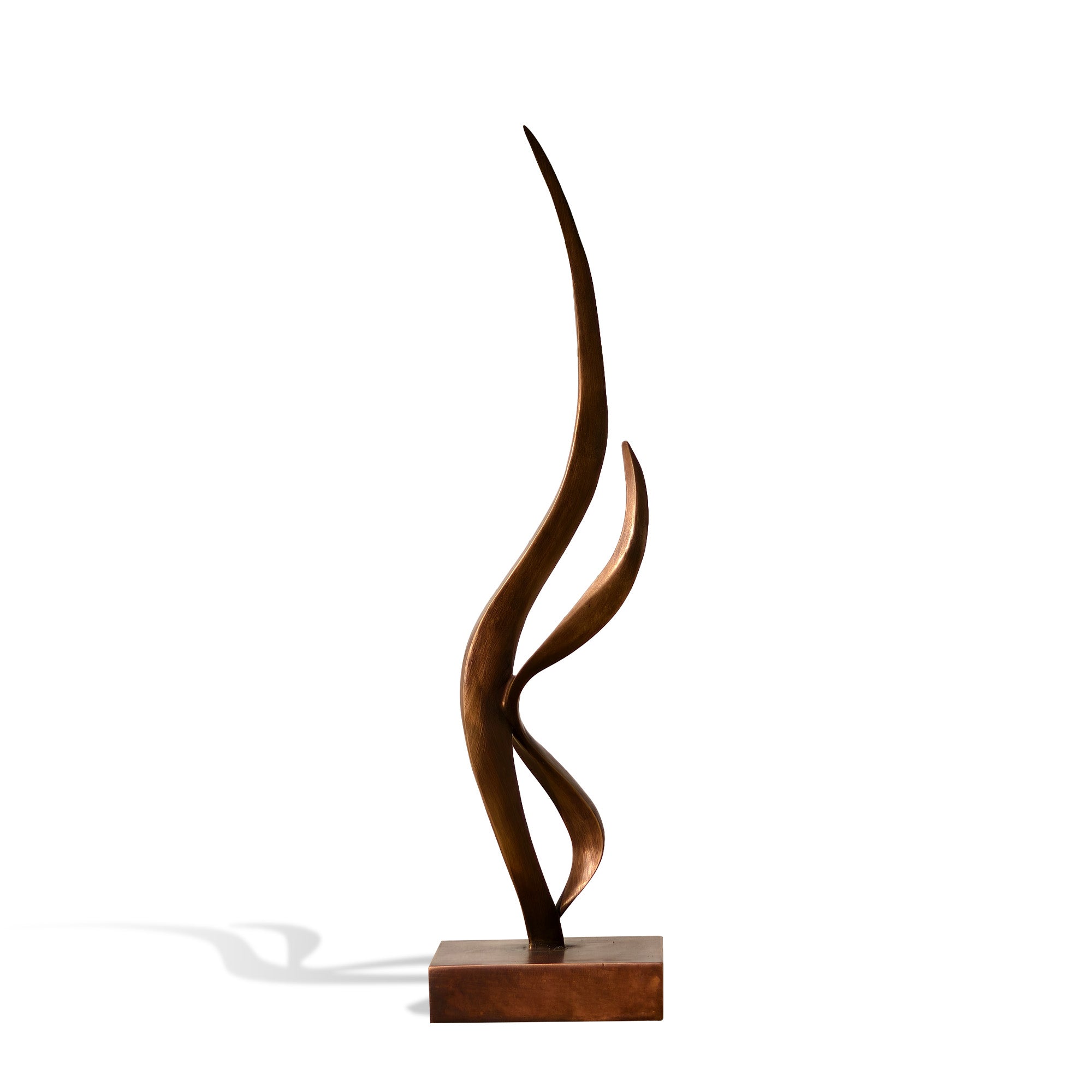 bronze sculpture with curved design on a white background