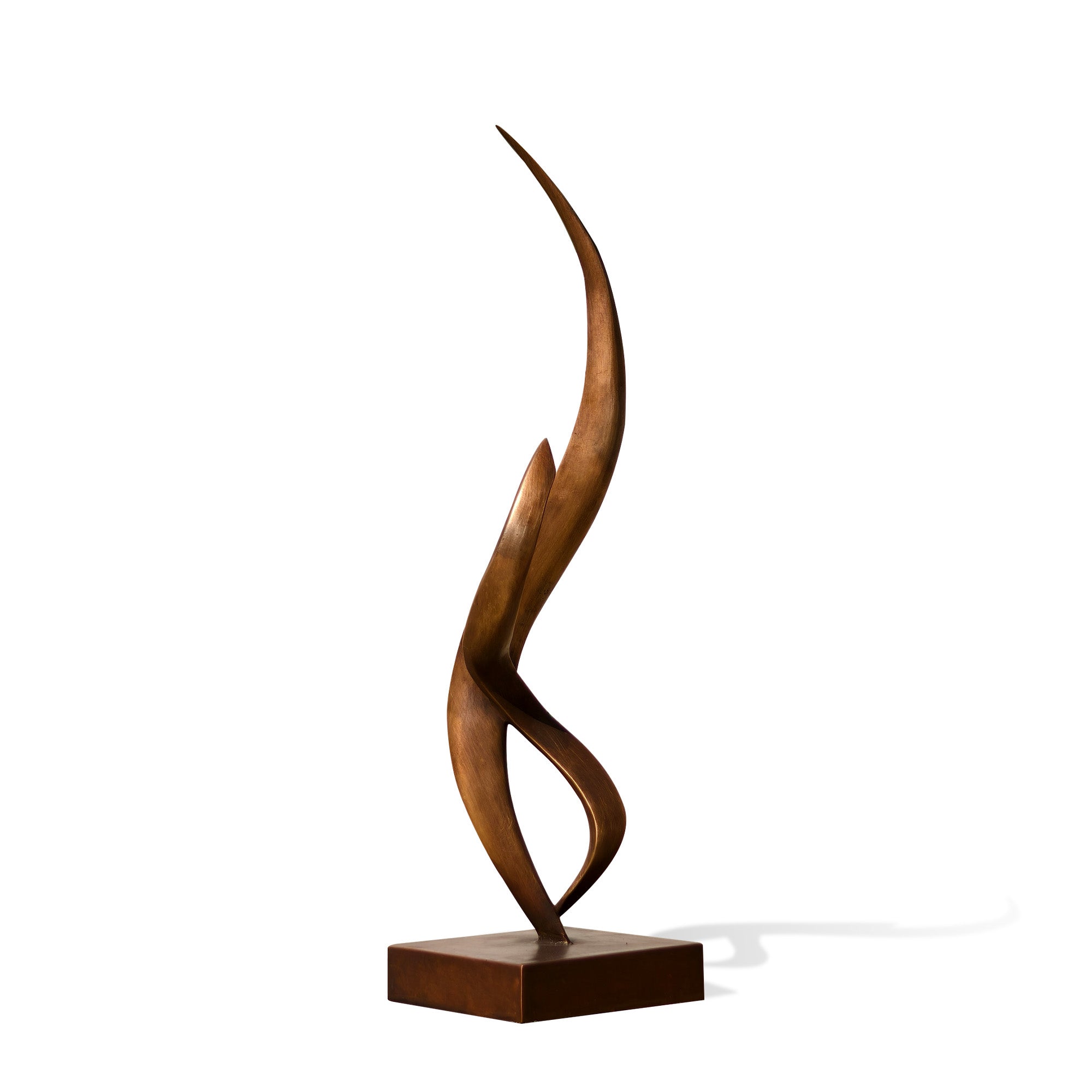Bronze sculpture with wavy design on a white background