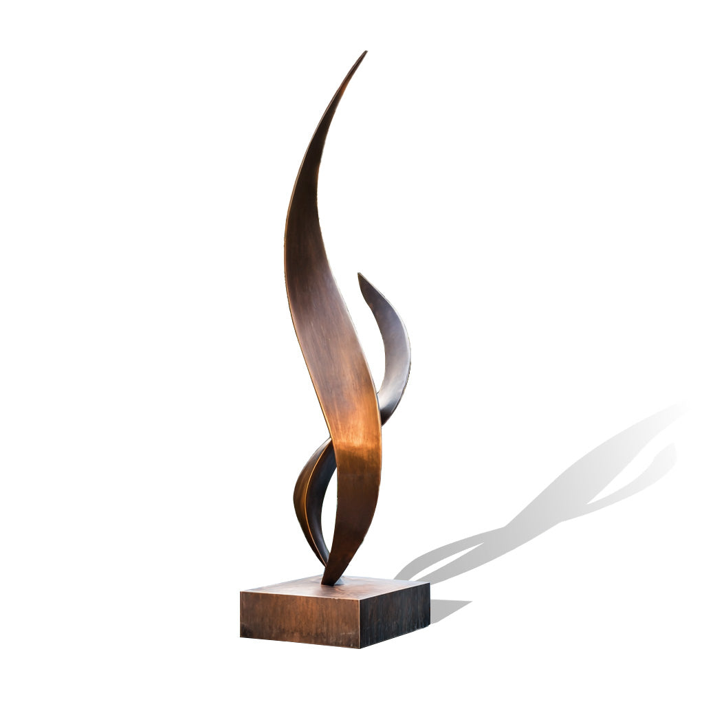 Abstract bronze sculpture with wavy design on a white background