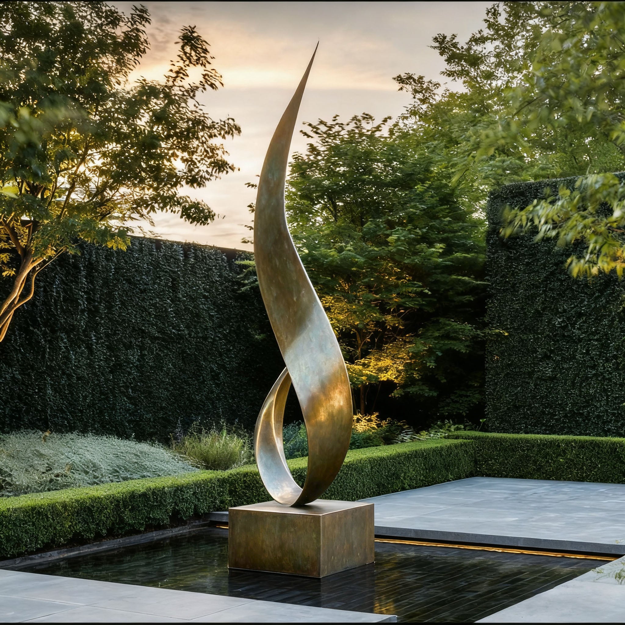 Abstract bronze sculpture in a garden setting with trees and hedges.