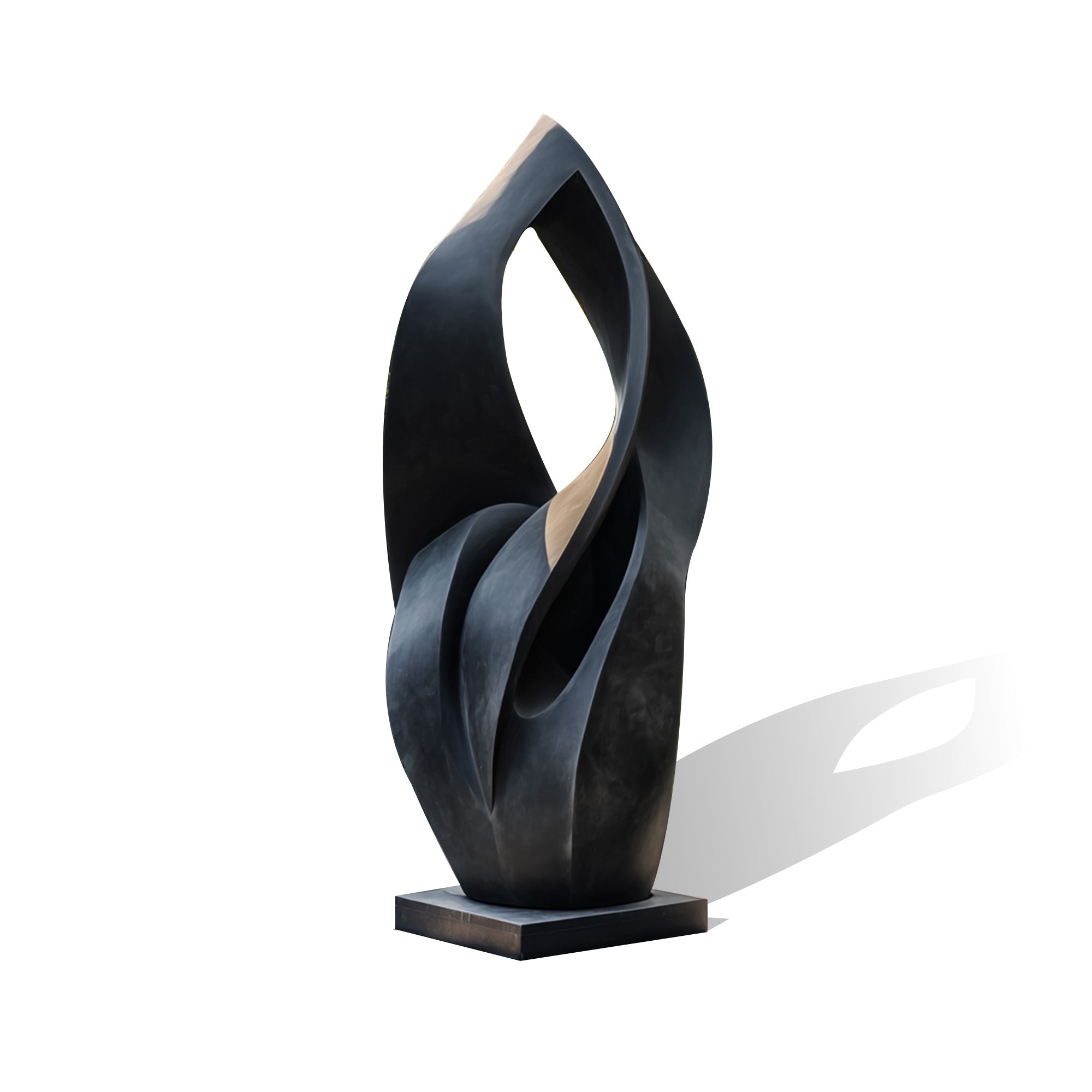 Abstract black bronze sculpture on a white background