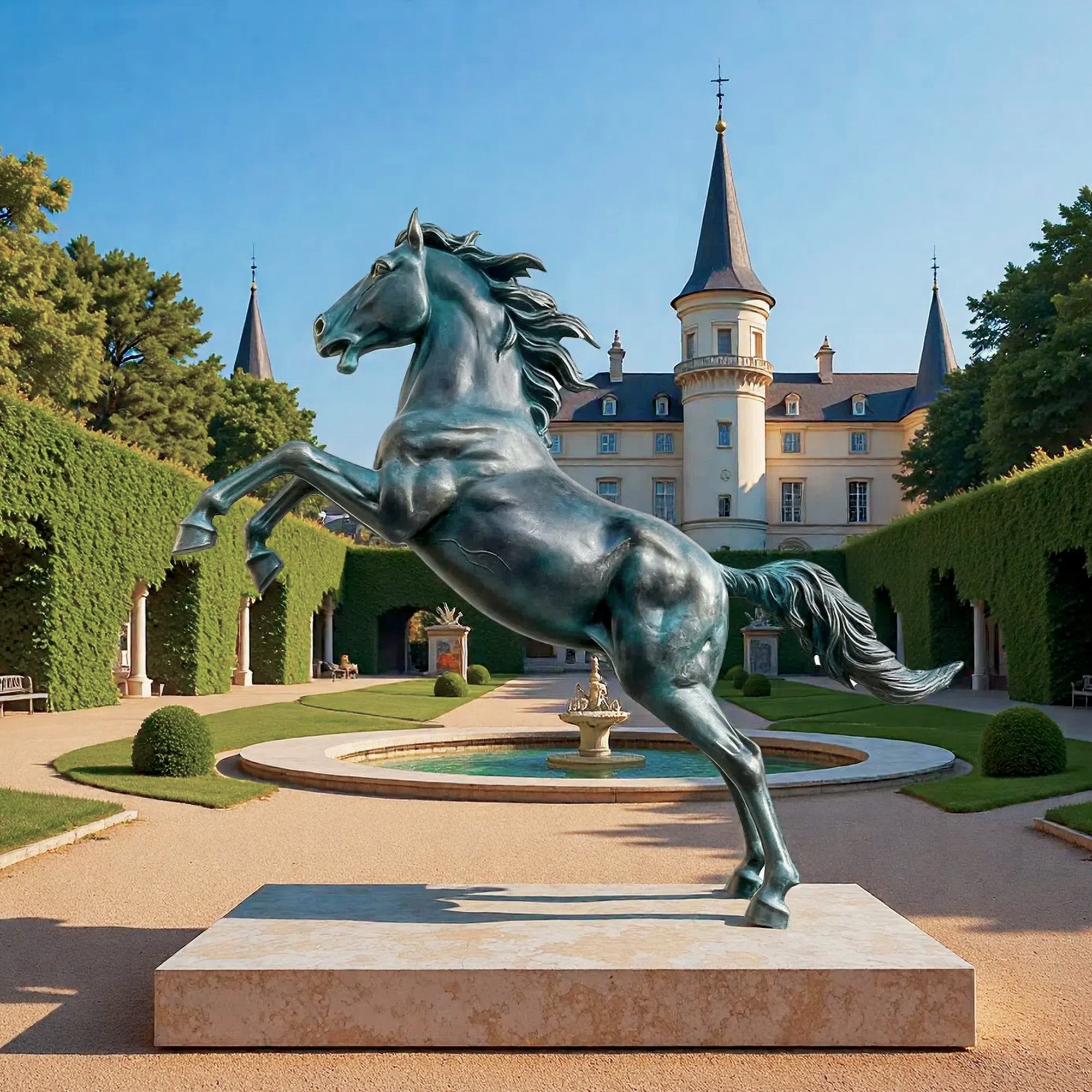 Bronze horse sculpture in front of a castle with manicured gardens