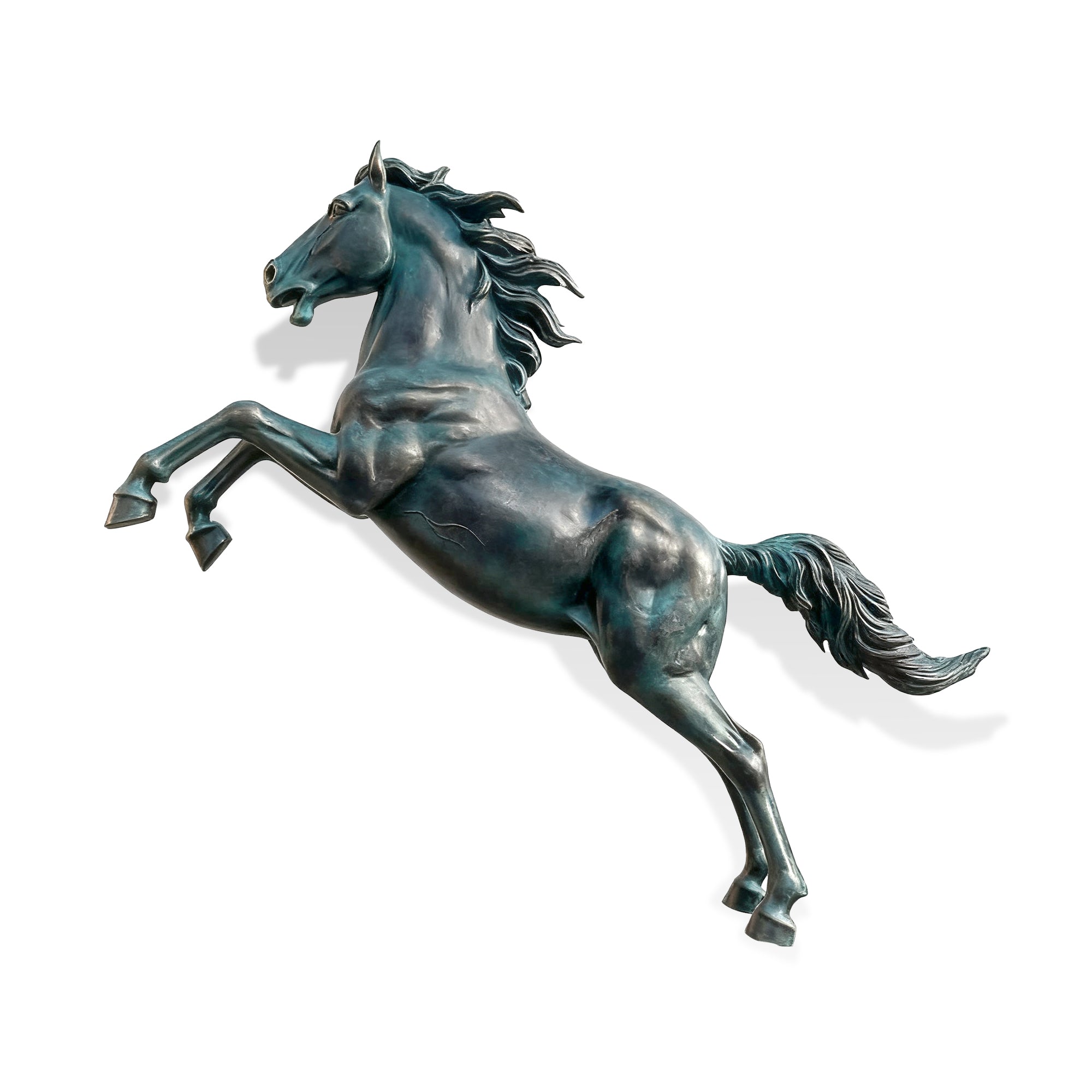 Bronze sculpture of a rearing horse on a white background