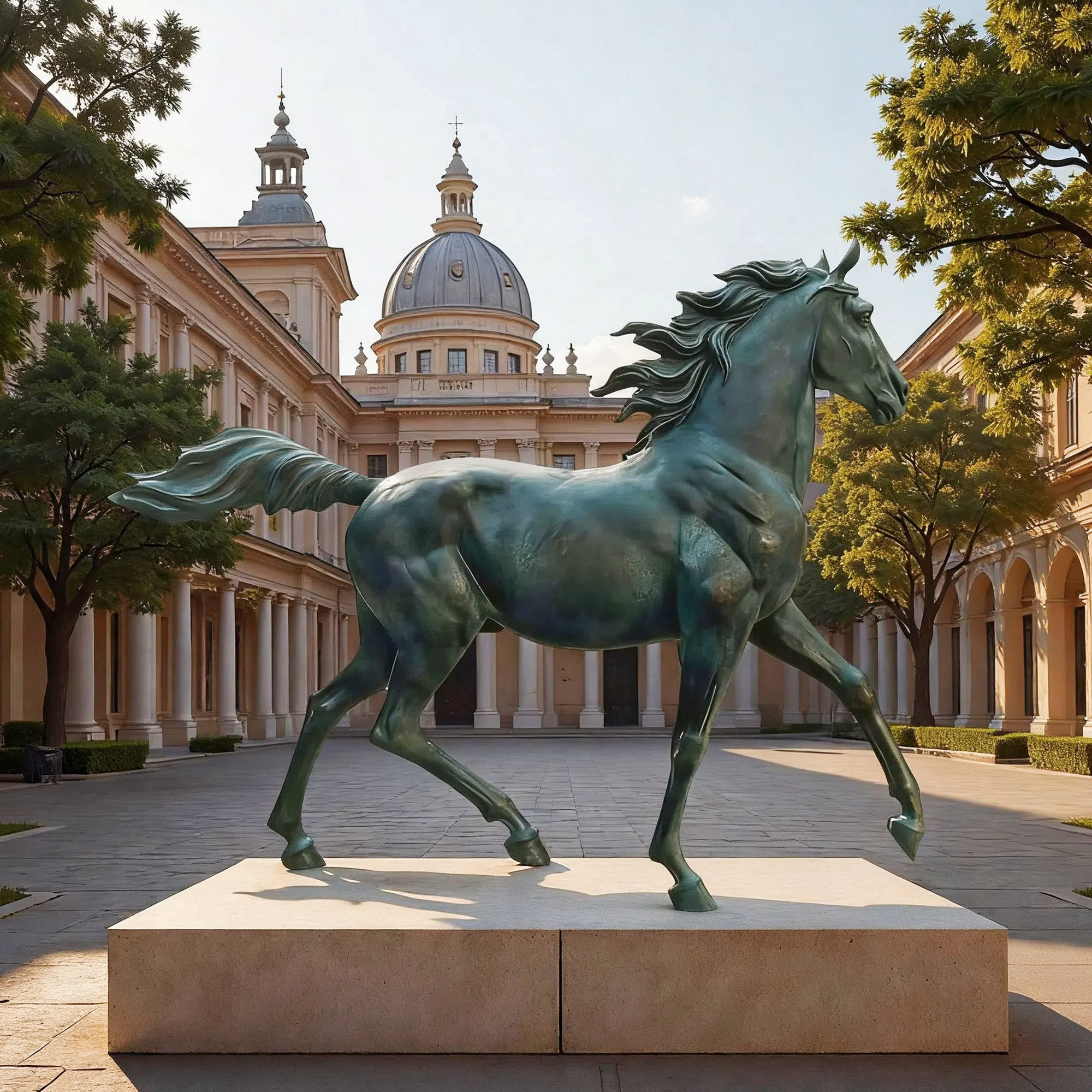 Bronze horse statue in front of a classical building with columns and domes.