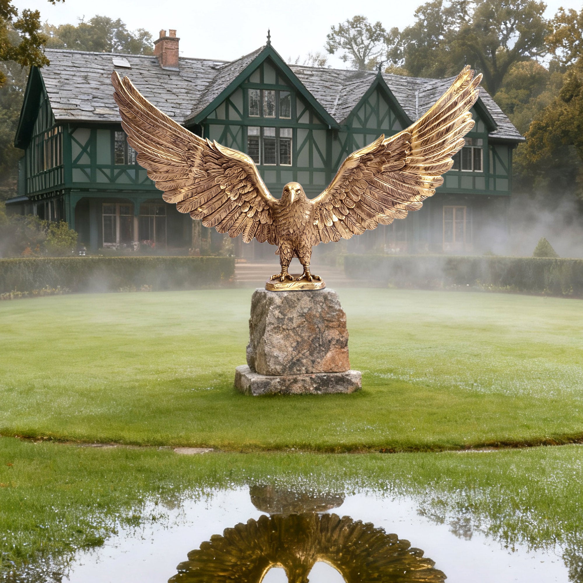 Bronze eagle statue on a stone pedestal in front of a green house.