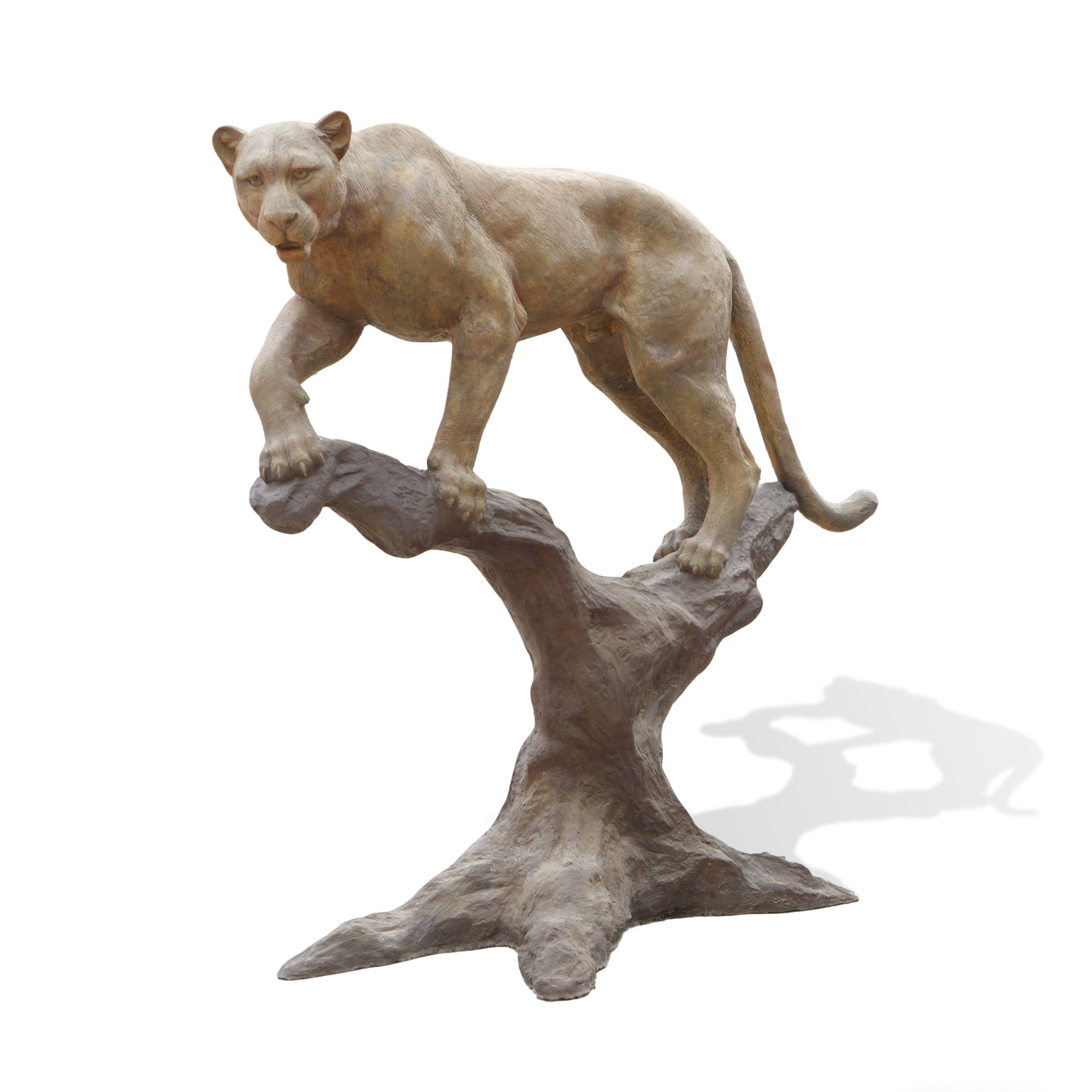 Statue of a lioness on a branch with a white background