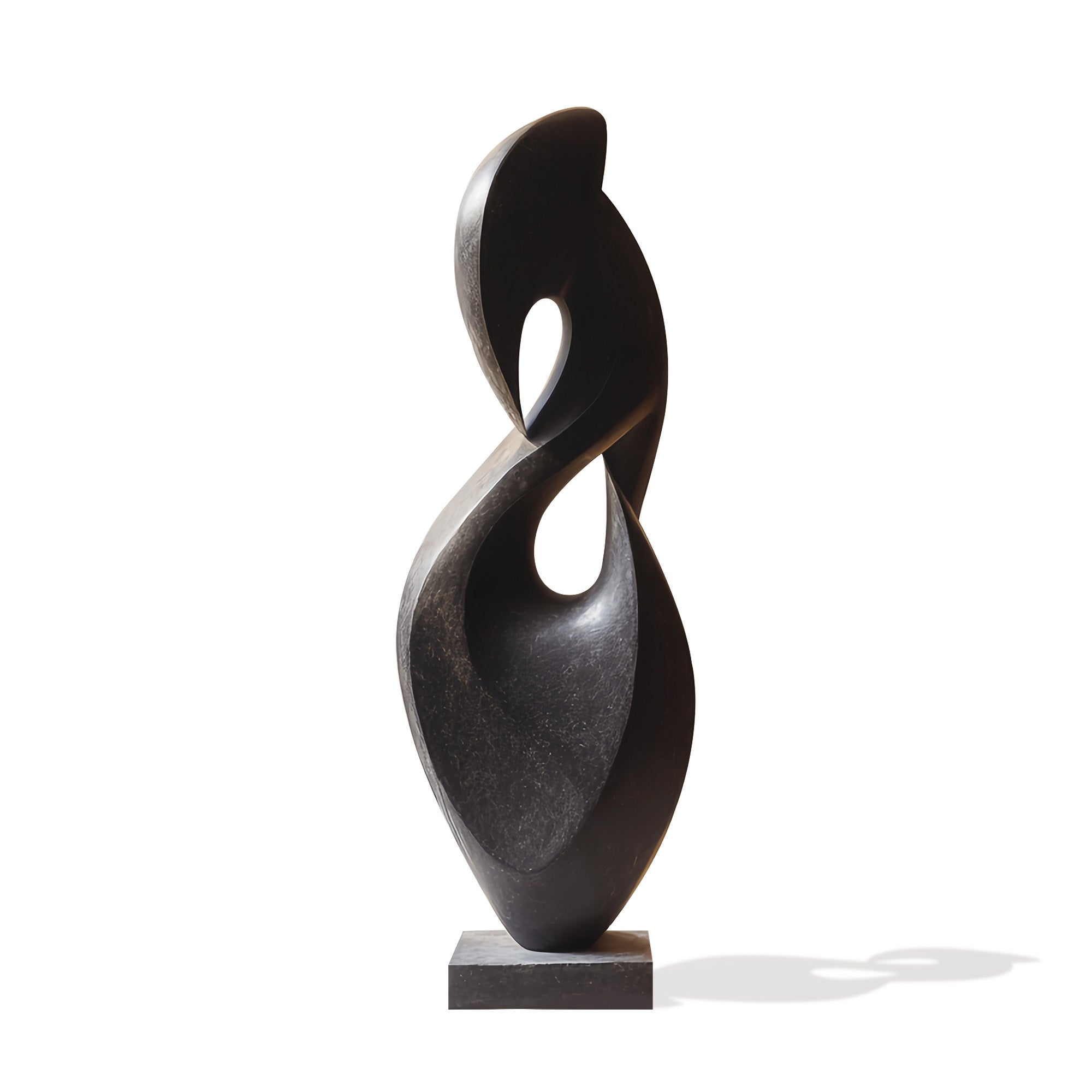 Abstract bronze sculpture with black patina, modern twist loop design, contemporary indoor statue on base (white background)