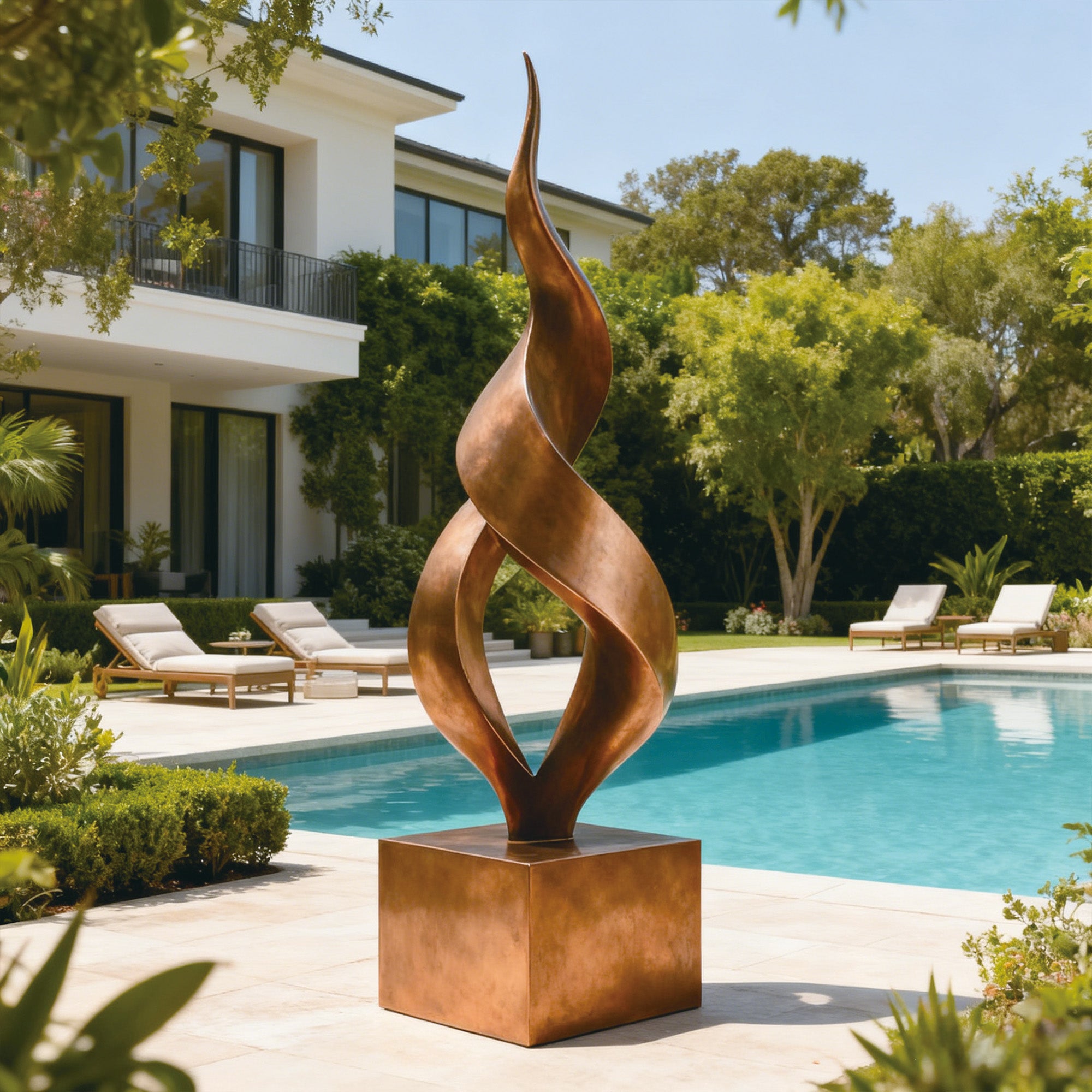 'solar flame' modern bronze sculpture with abstract flame design displayed in a luxury outdoor setting. An ideal piece for high-end garden art and landscape enhancement.