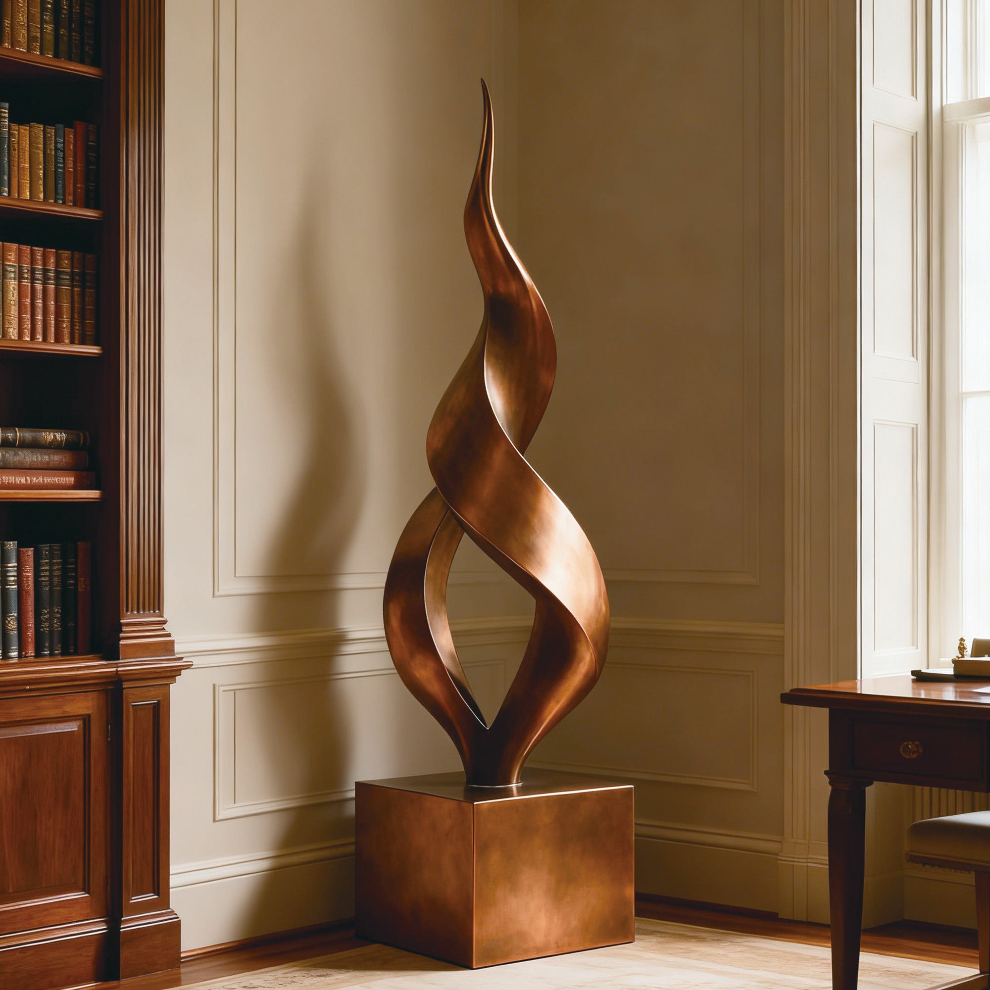 'solar flame' modern bronze sculpture displayed in a luxury indoor setting, enhancing the atmosphere with its abstract, twisting flame design. Ideal for elegant home decor or office spaces.