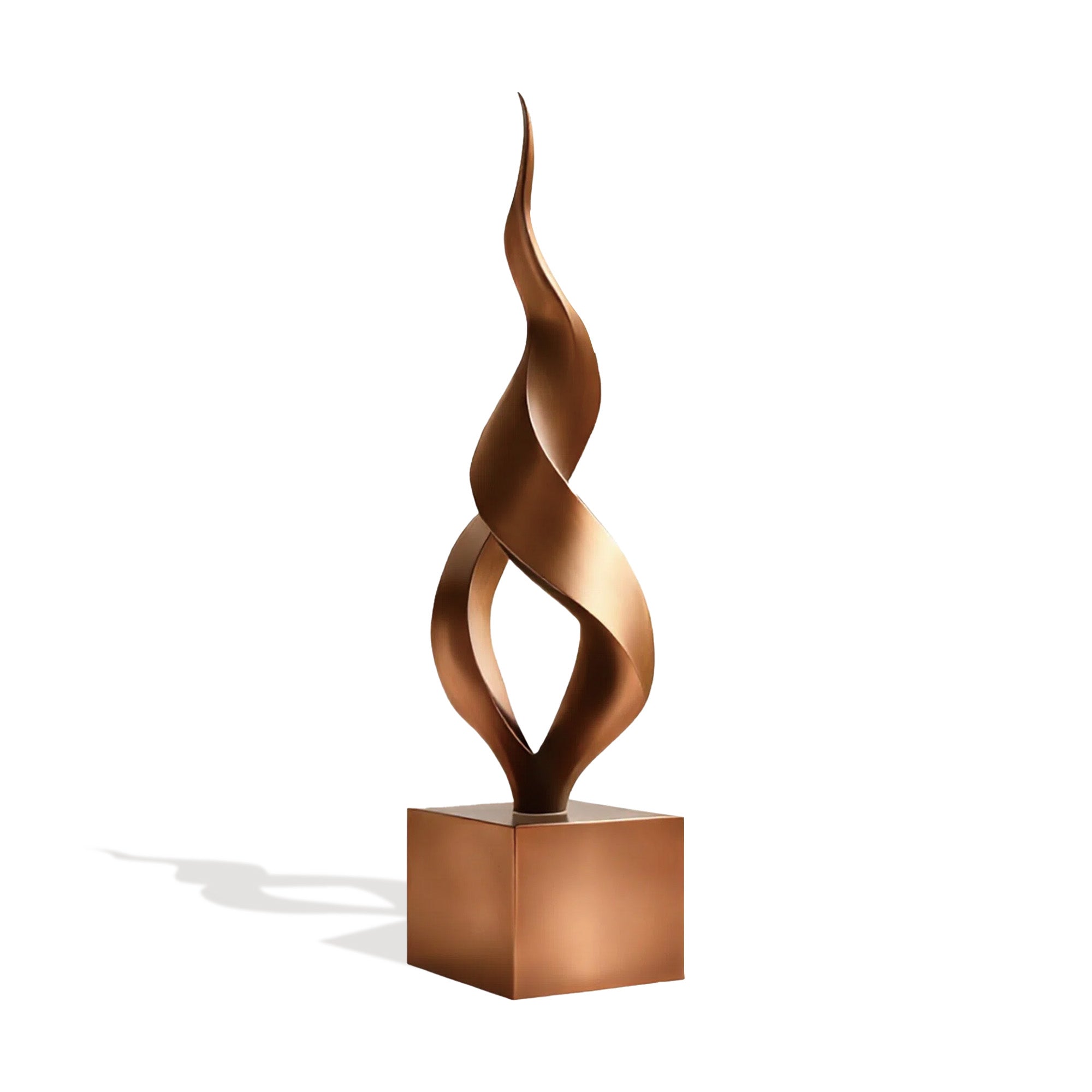 finest 'solar flame' modern bronze sculpture featuring an abstract flame design, perfect for luxury garden art and contemporary landscape decoration. white background for clean visual impact."